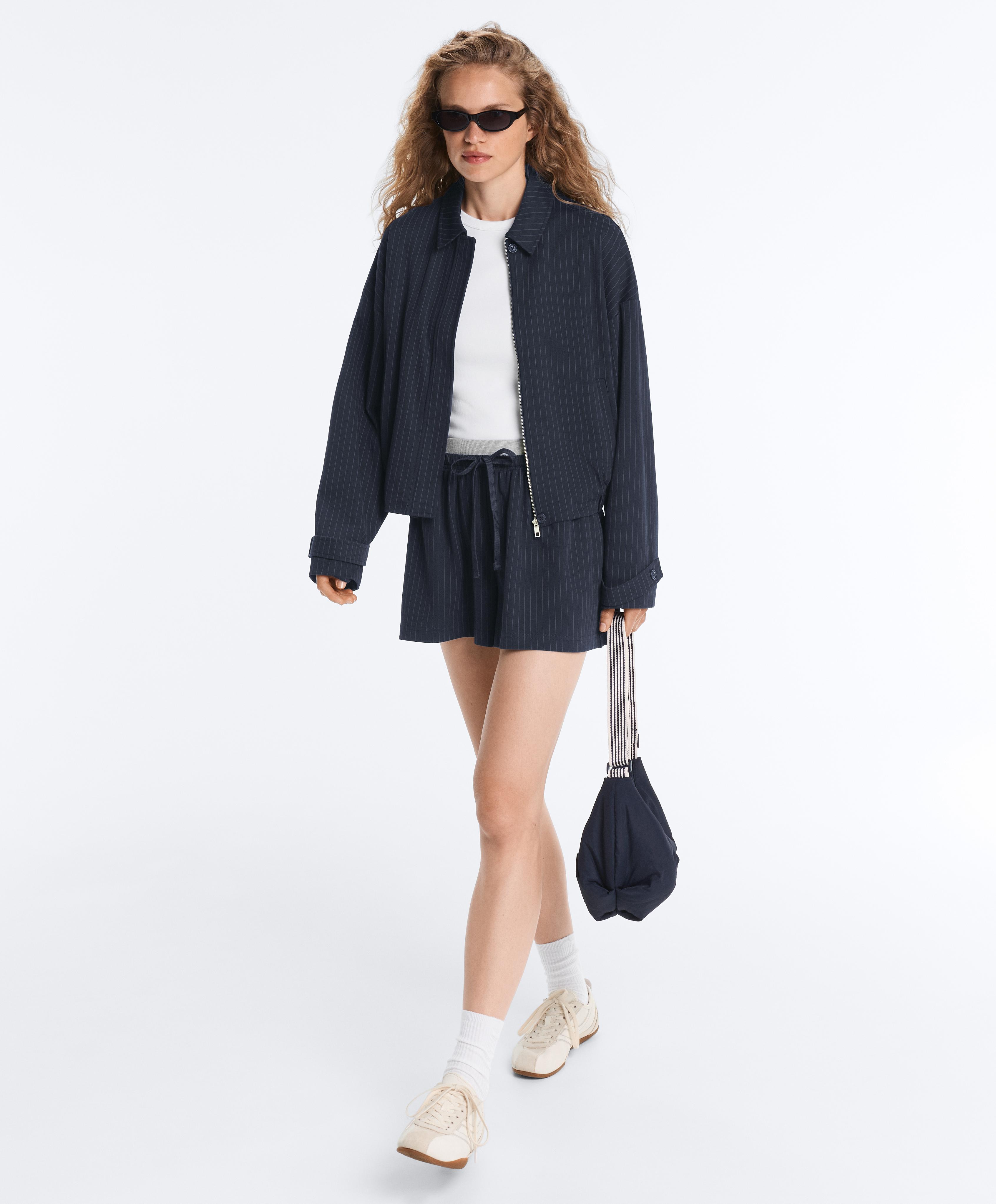 Pinstripe cotton pique shorts — NAVY BLUE