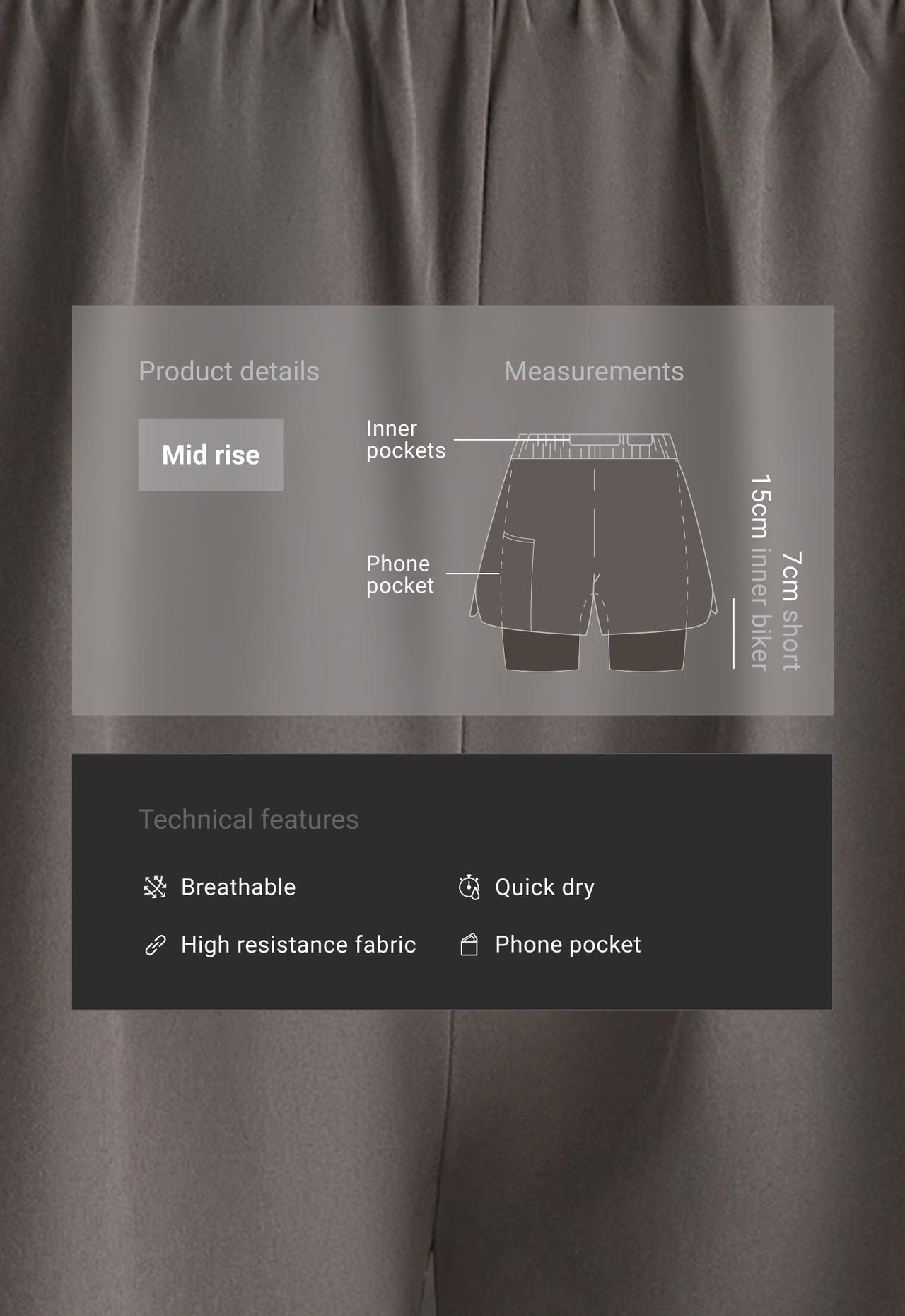Technical mid rise 2-in-1 shorts — CHARCOAL GREY