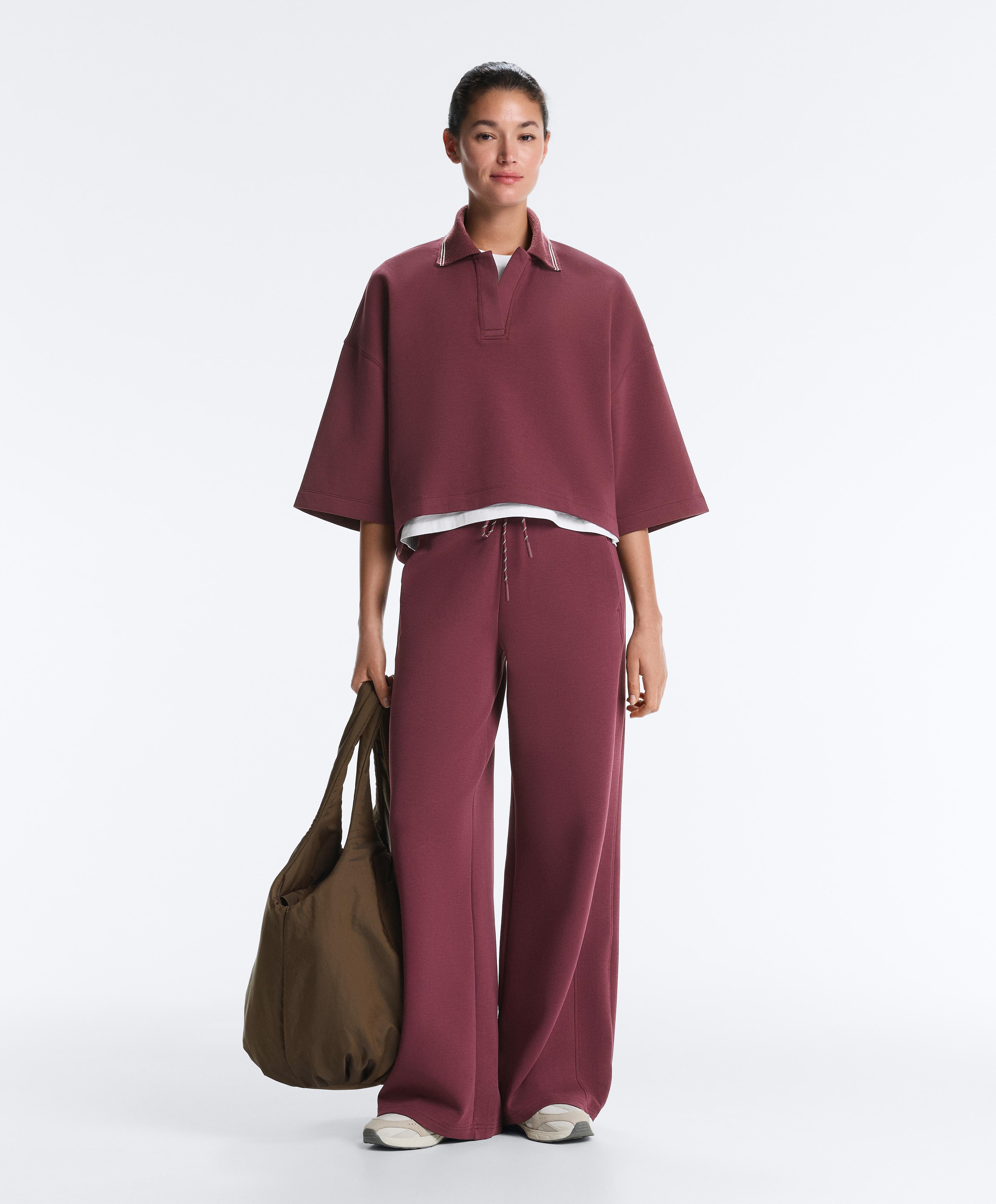 Cotton blend polo sweatshirt with wide sleeves — CHERRY