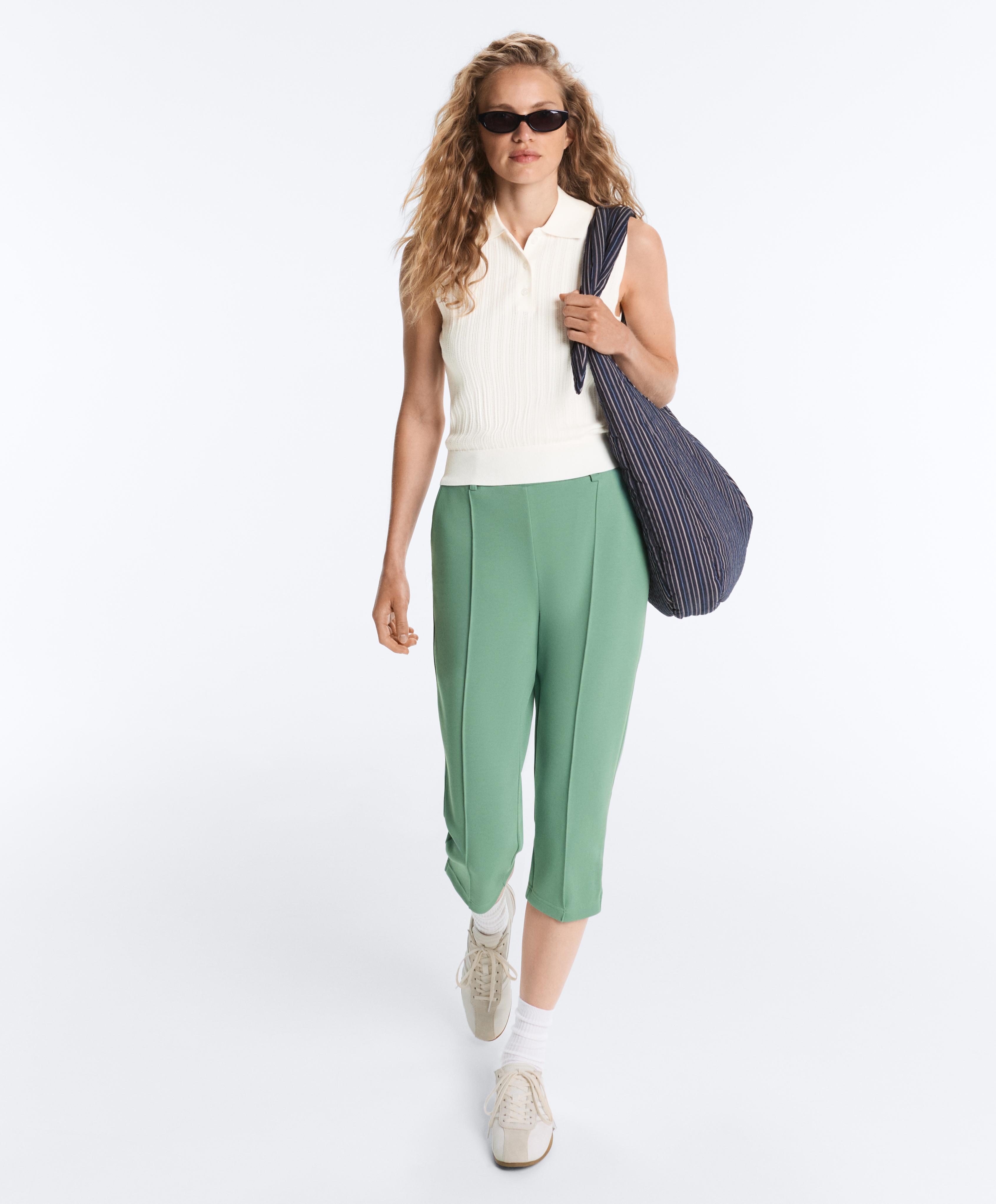 Capri piqué trousers with cotton belt loops — AQUA GREEN