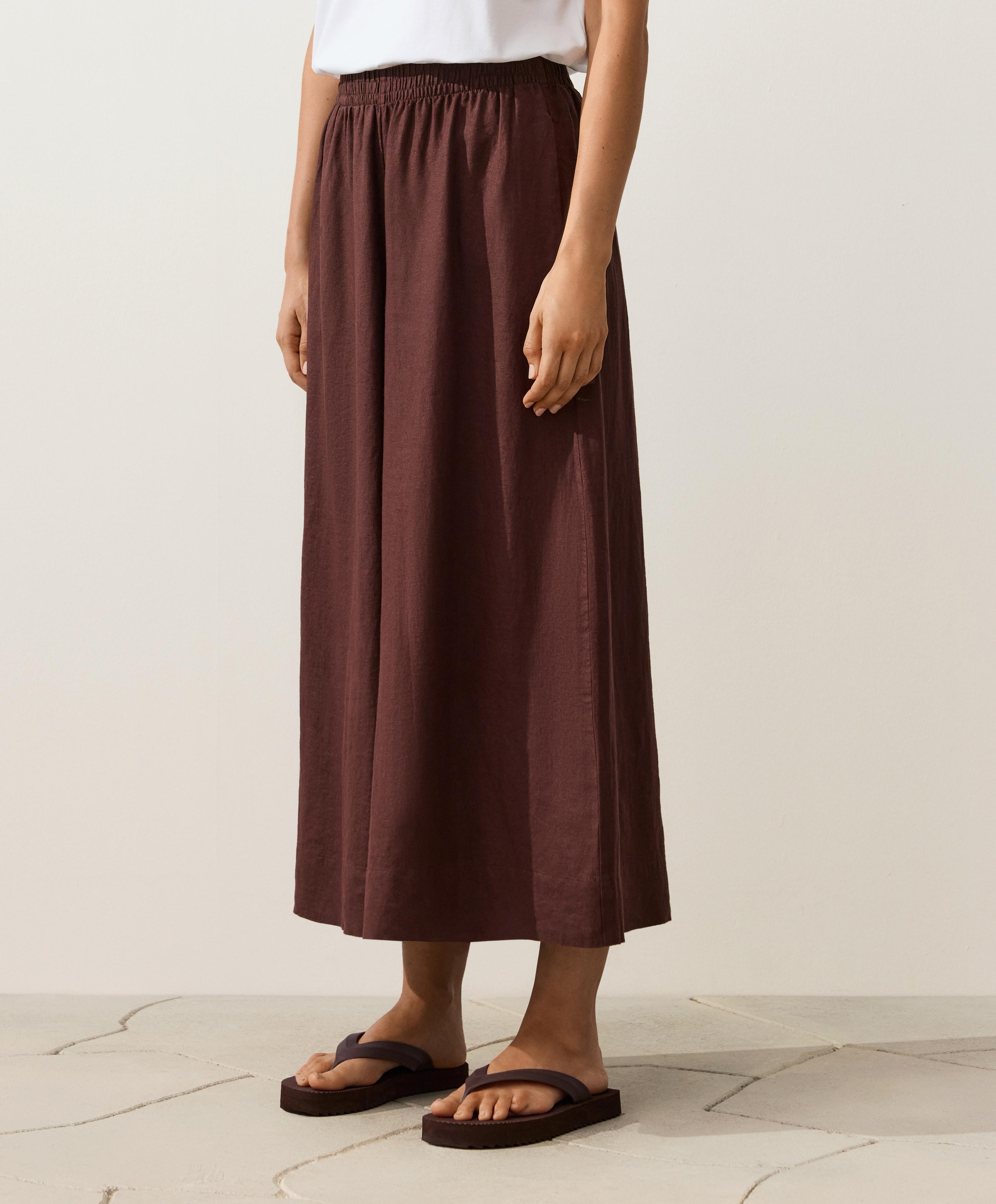 100% linen super wide-leg cropped trousers — CHOCOLATE