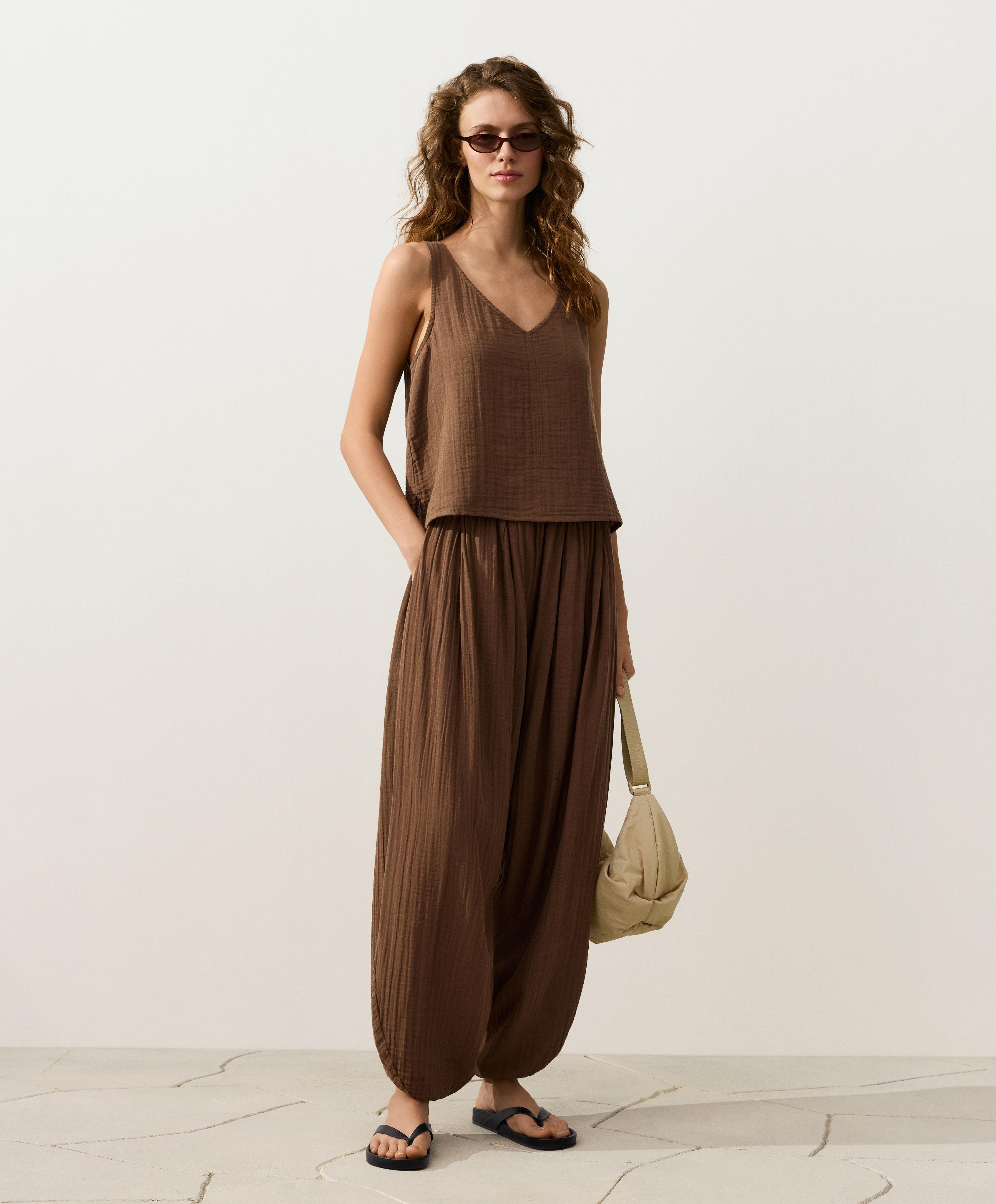 100% cotton muslin balloon trousers — TAN