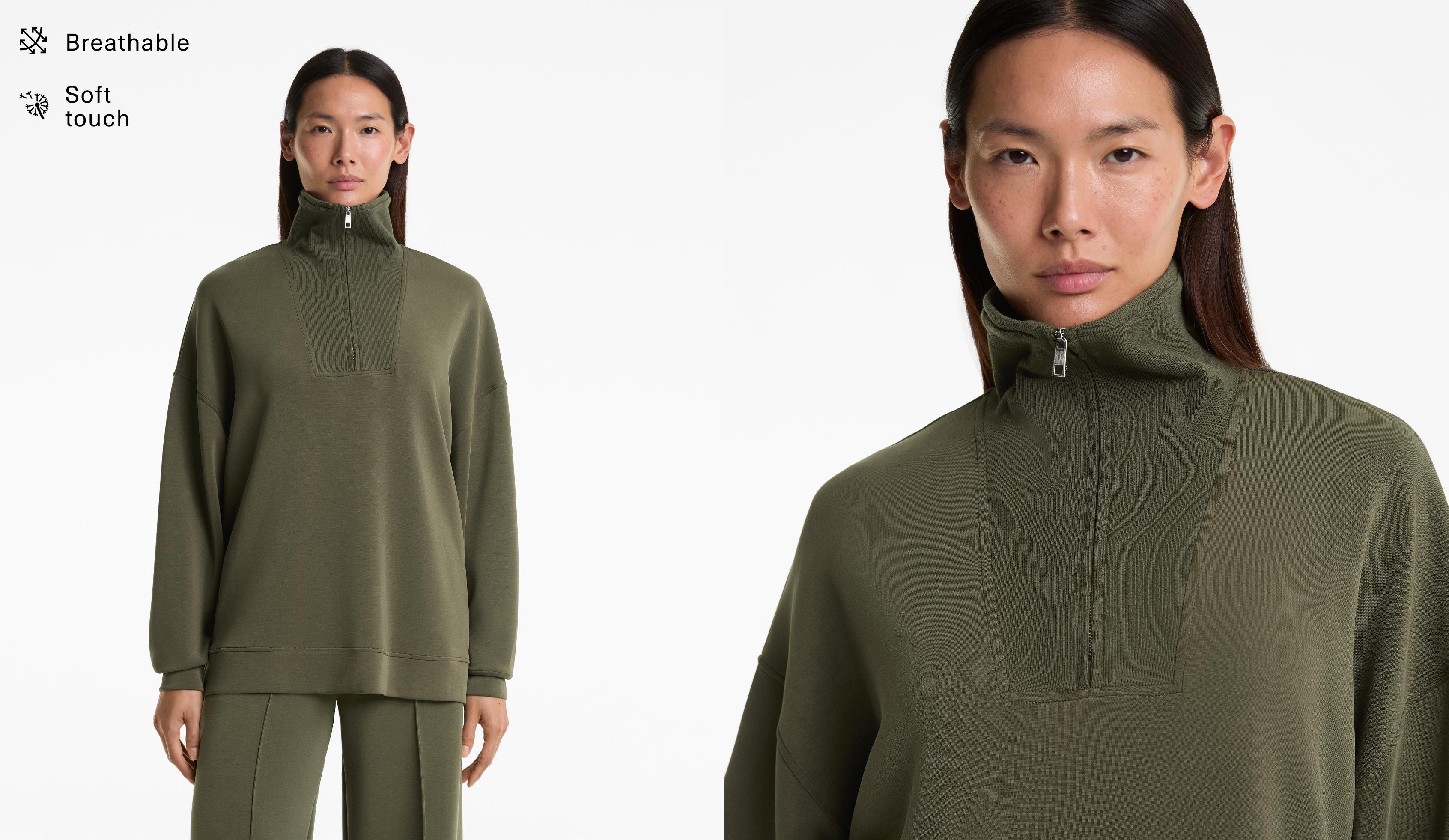 Half-zip sweatshirt with rib detail in soft-touch modal