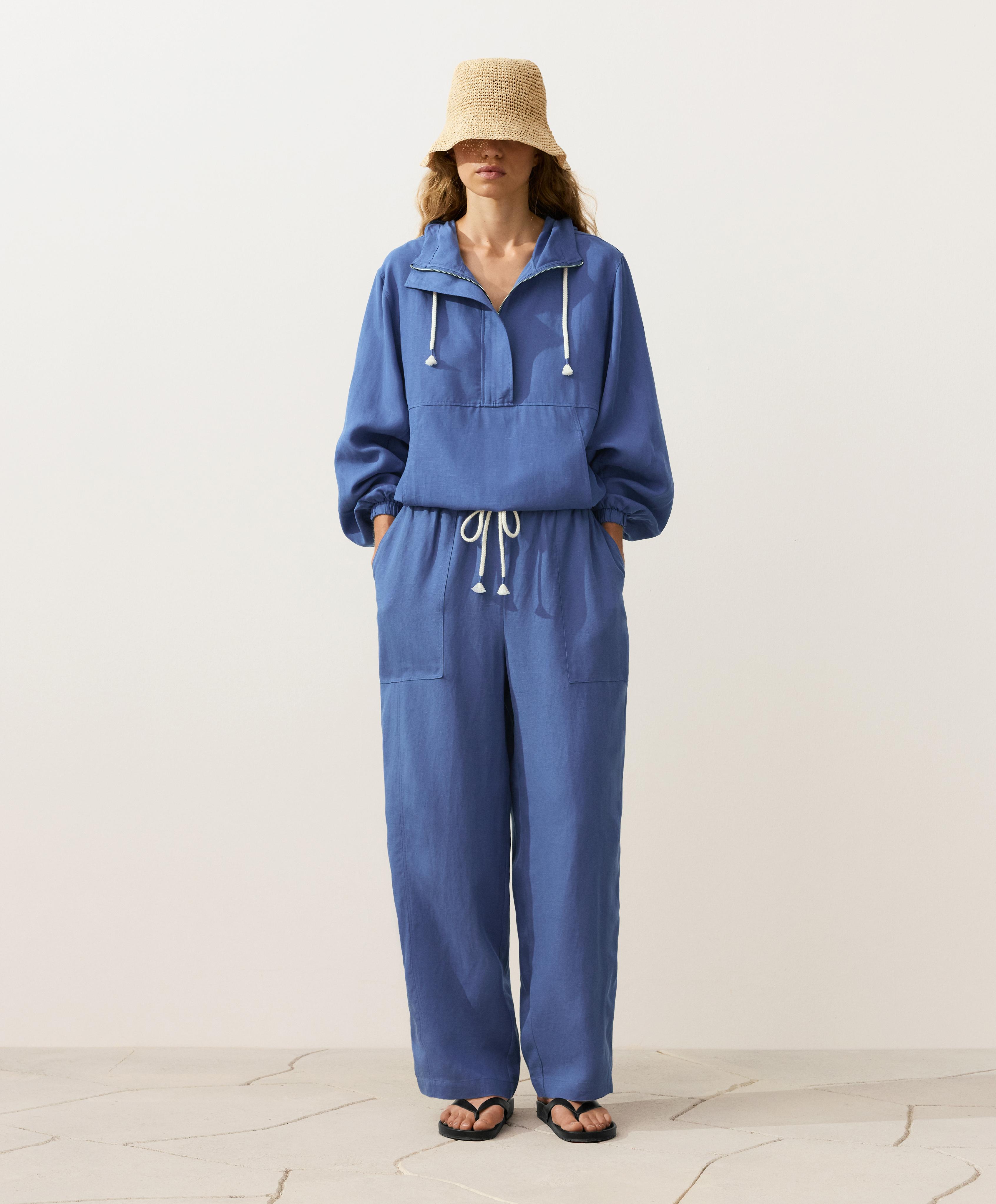 Half-zip sweatshirt with front pocket, lyocell and 24% linen blend — MID-WASHED BLUE