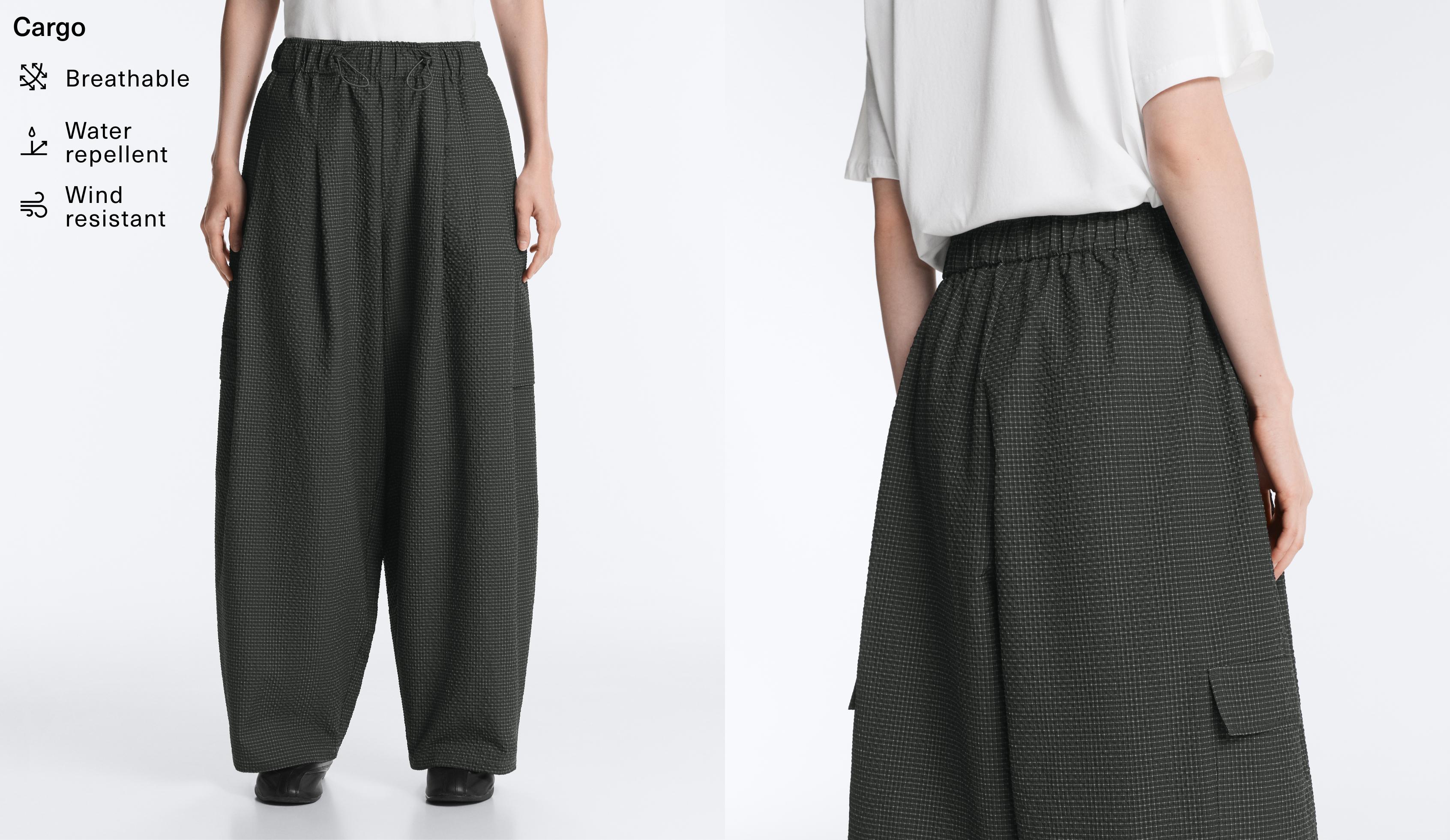 Water-repellent checked nylon long cargo trousers — BLACK