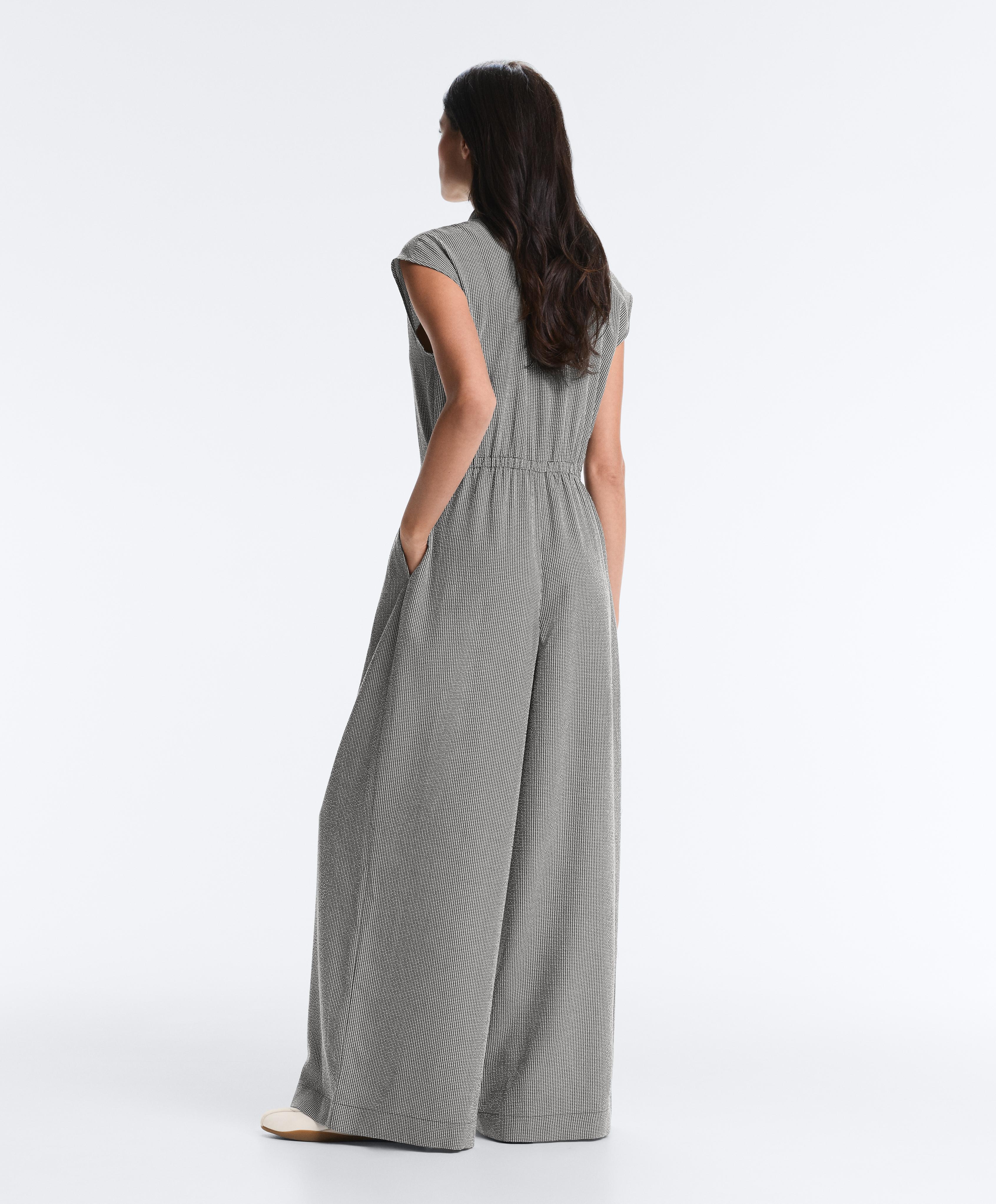 Long gingham jumpsuit with lapel collar and lyocell blend — DUSTY BLACK