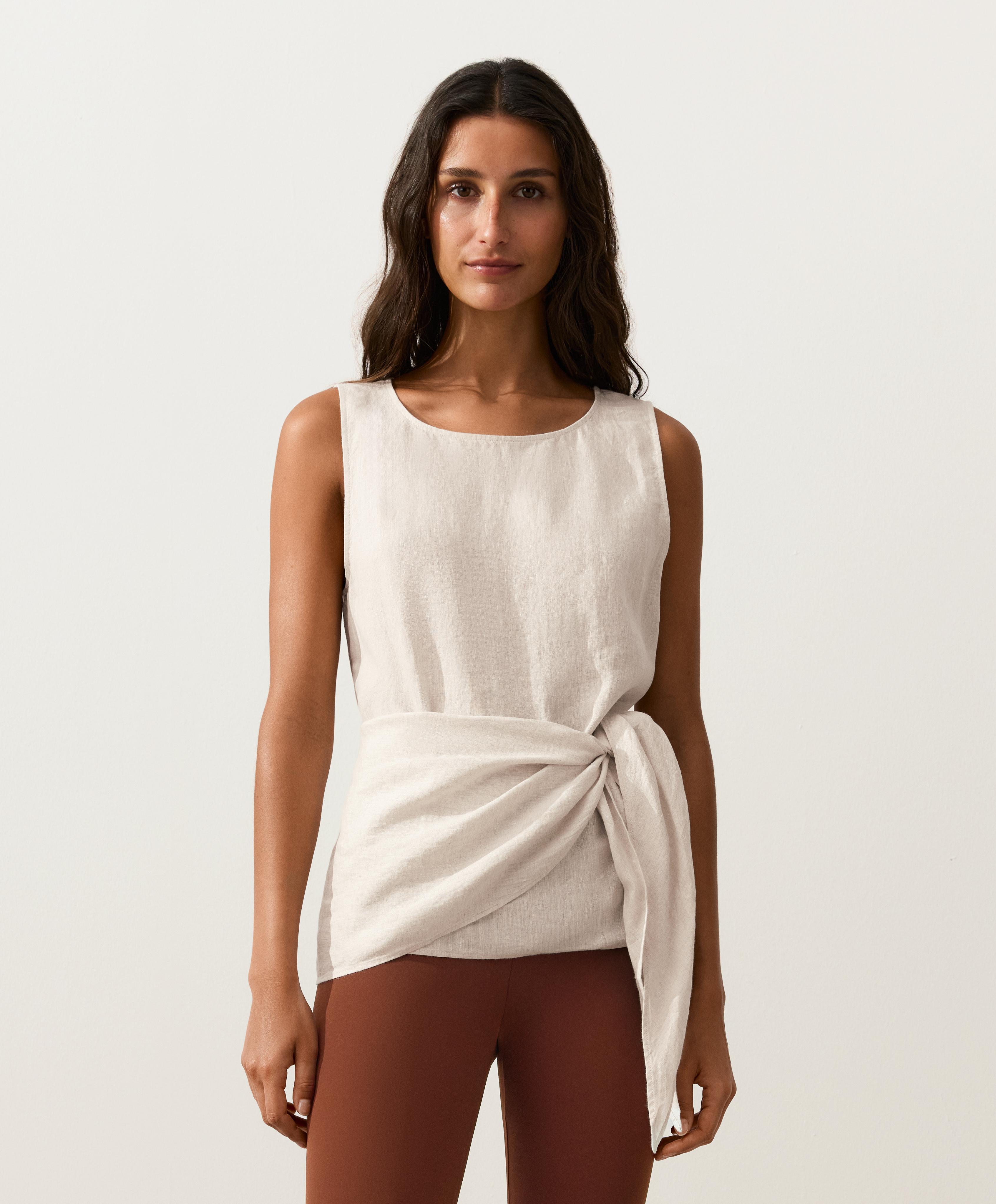 Sleeveless top with 100% linen scarf — SAND MELANGE