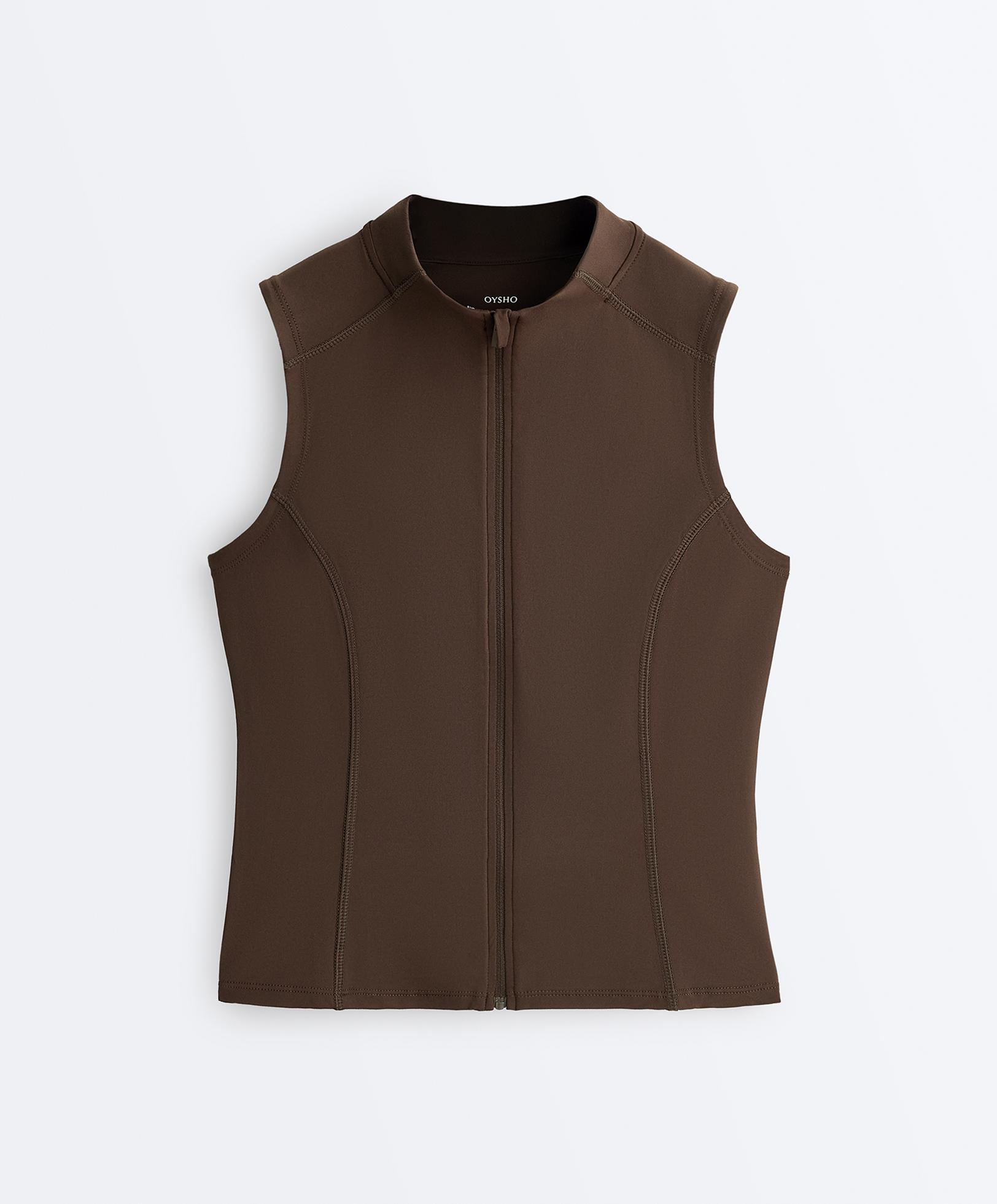 Sleeveless zip T-shirt — DARK BROWN