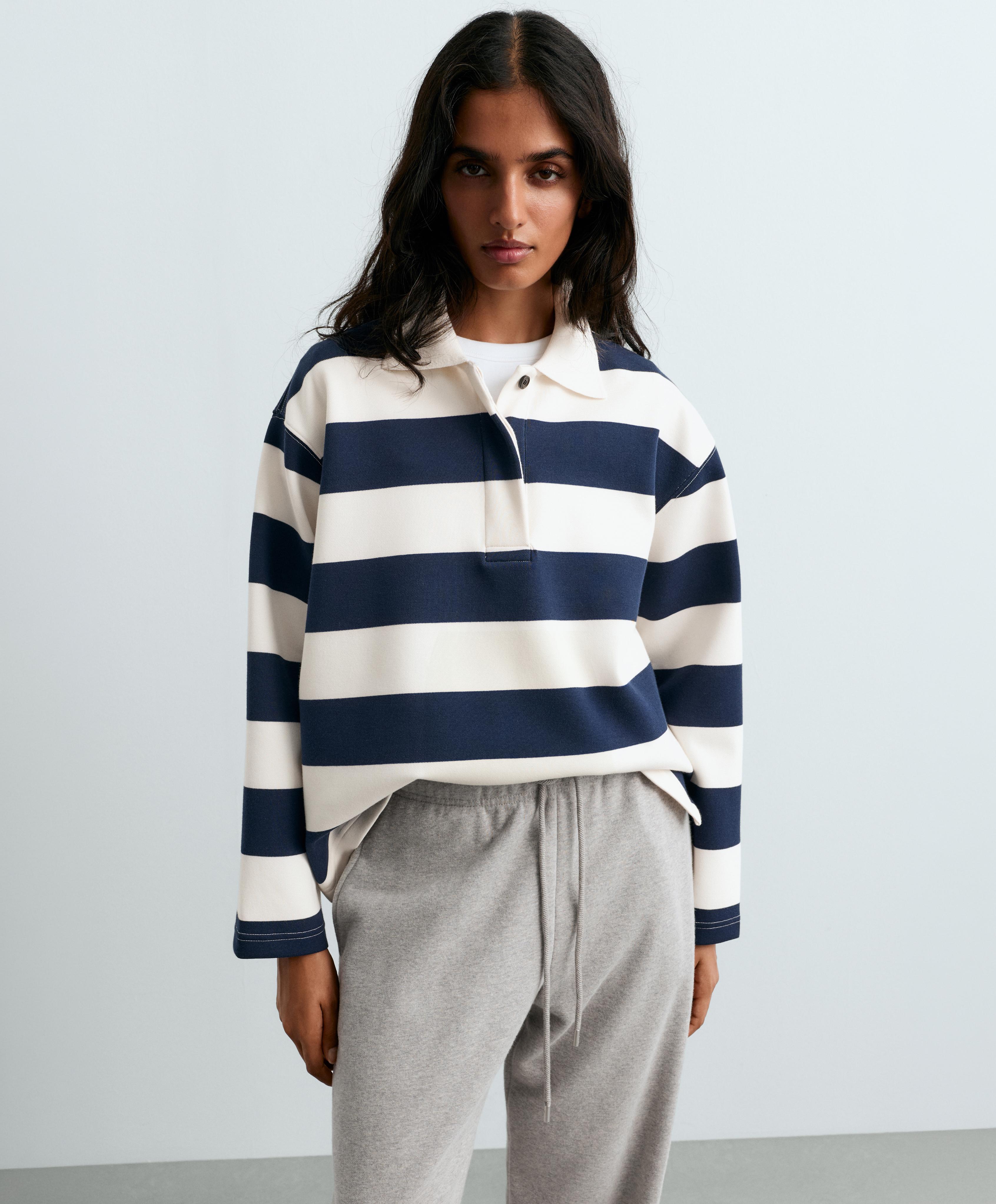 Striped jacquard cotton piqué polo shirt — NAVY BLUE