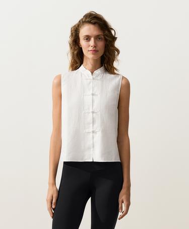 100% linen sleeveless stand-up collar shirt — WHITE  1