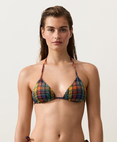 Textured check print triangle bikini top — BLUE GREEN 1