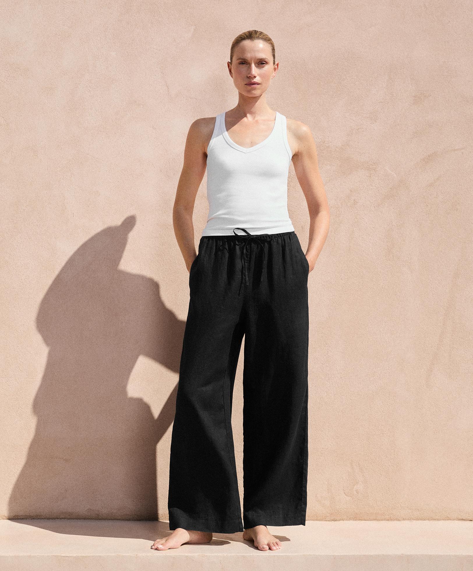 100% linen straight-leg trousers