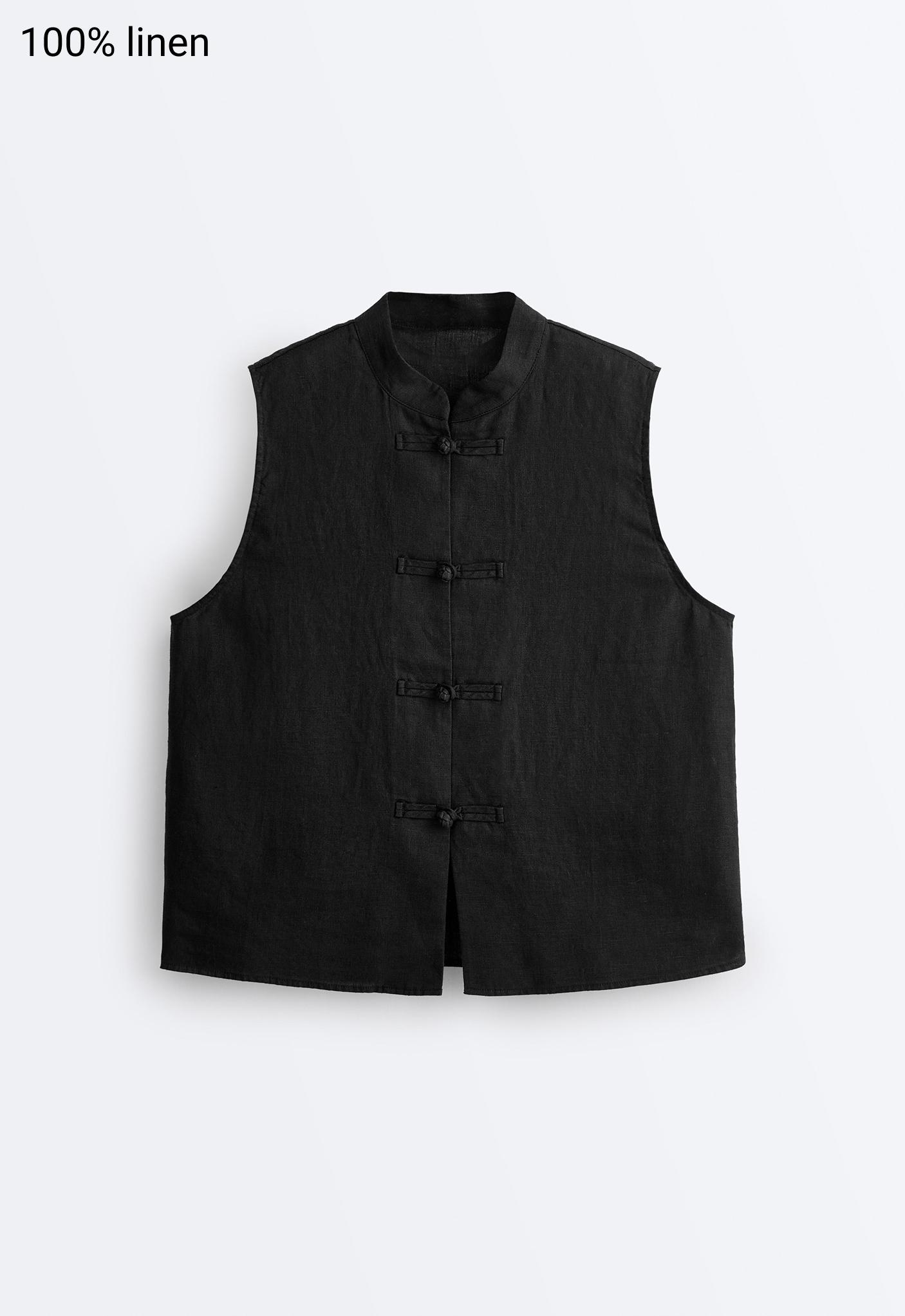 100% linen sleeveless stand-up collar shirt — BLACK