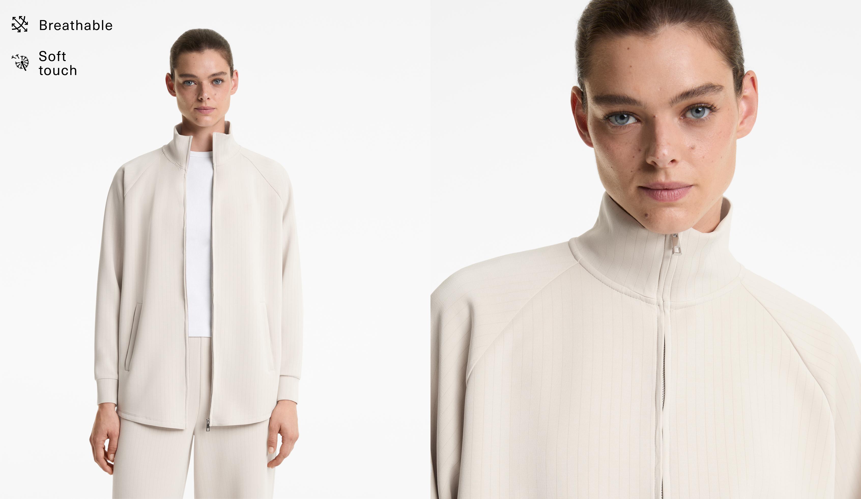 Long striped jacket with high collar and soft-touch modal