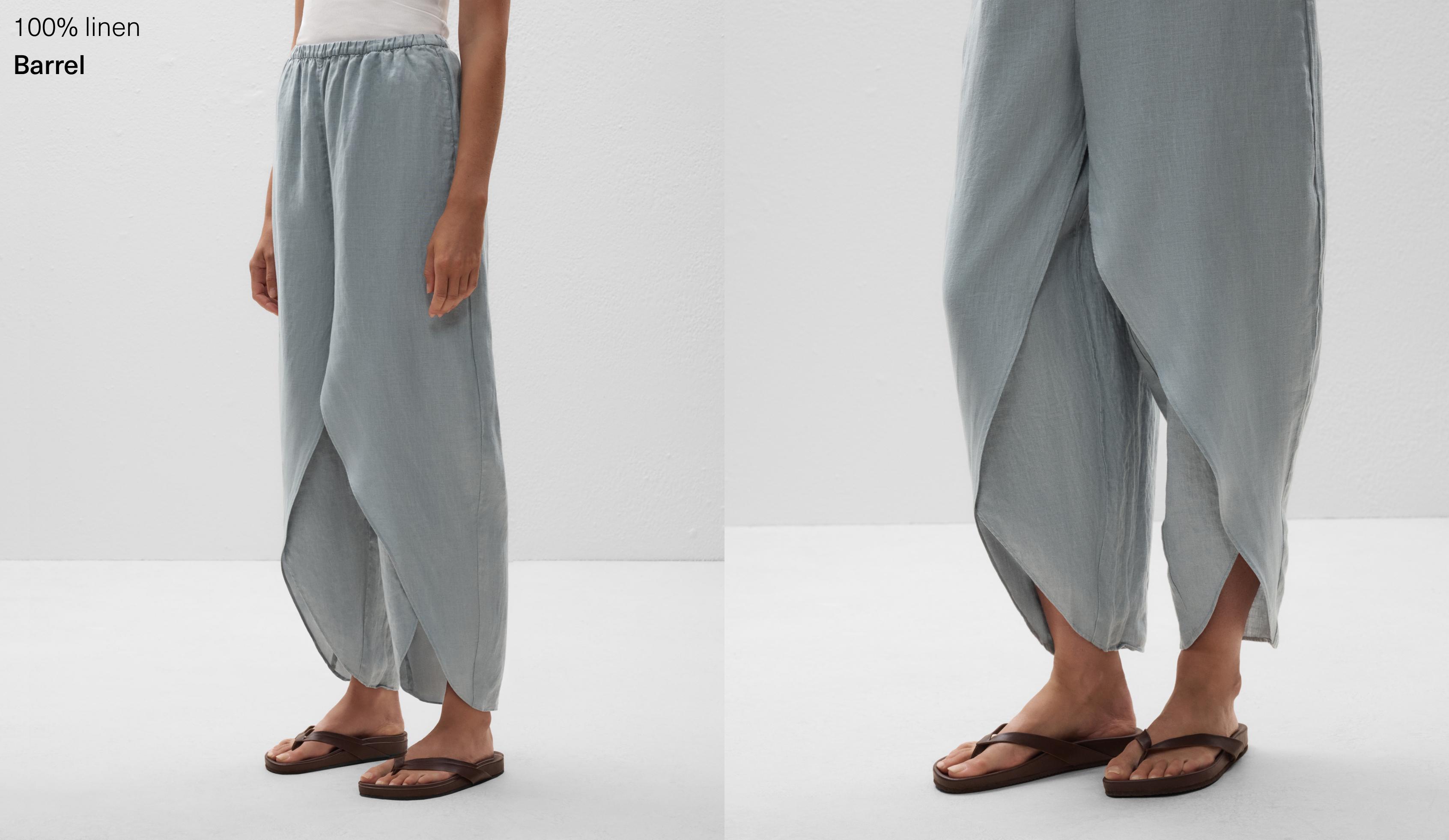 100% linen barrel trousers with rounded slits