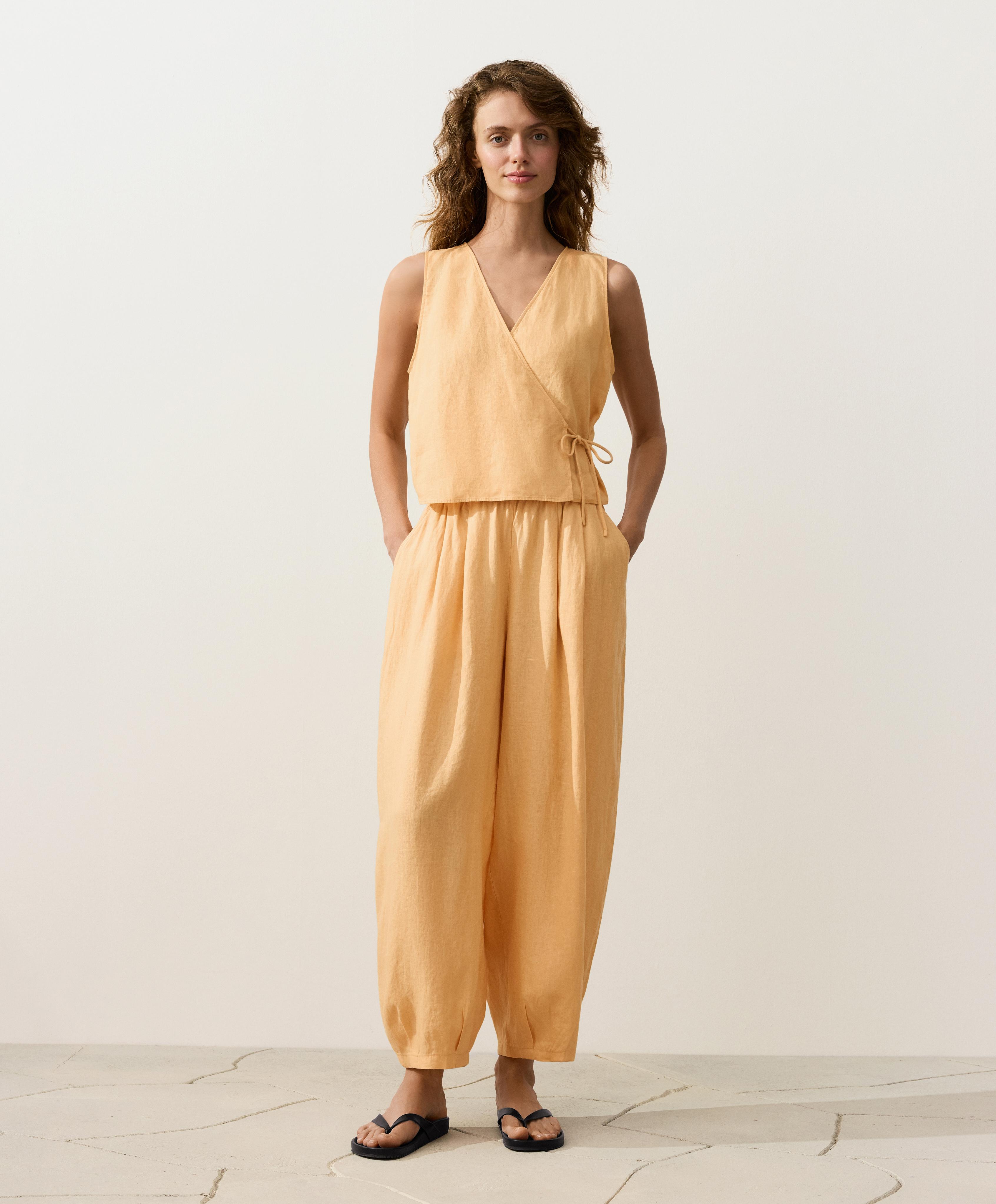 100% linen square neck crossover tie top — BURNT YELLOW