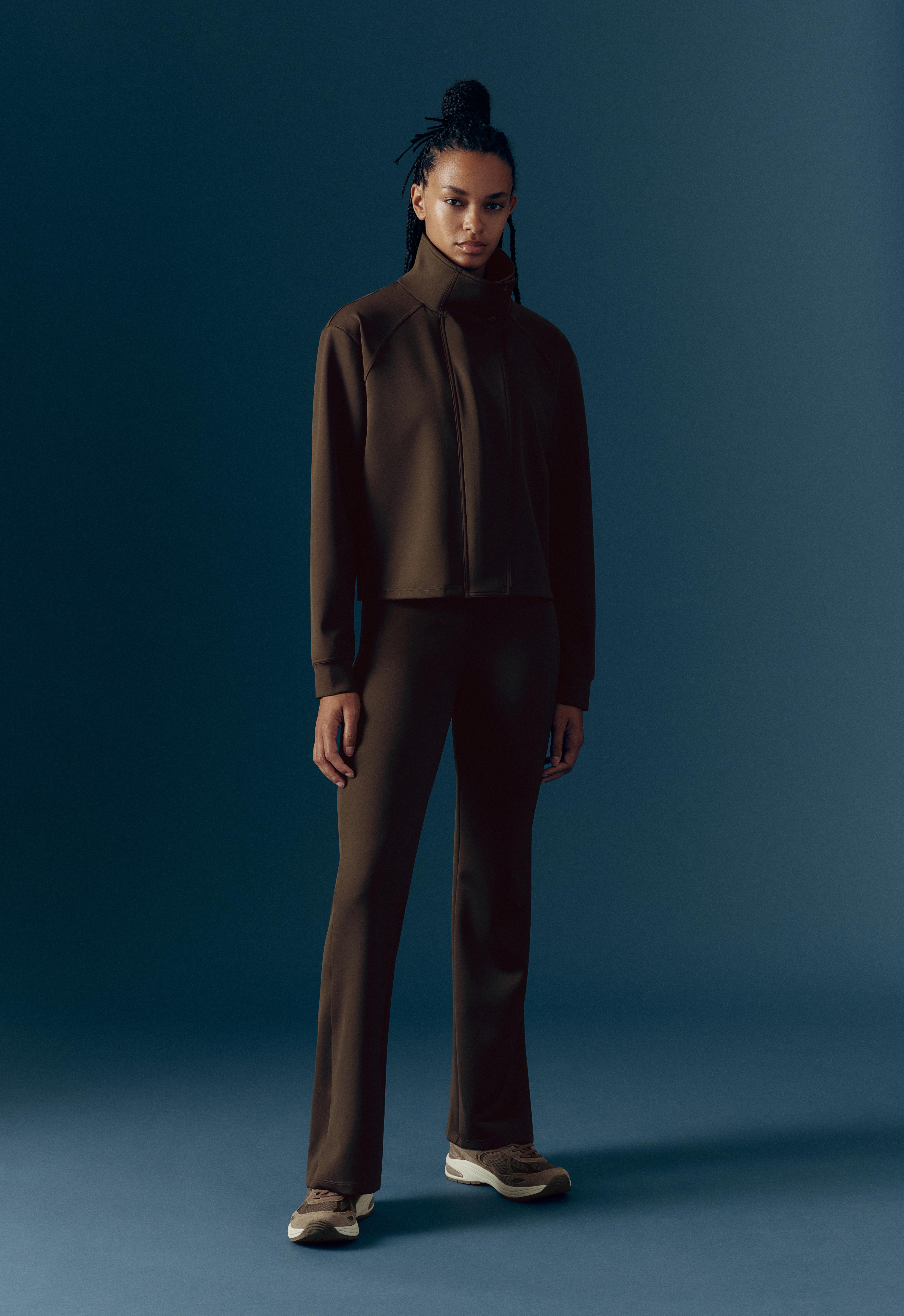 Neoprene-effect high rise flare trousers — BROWN