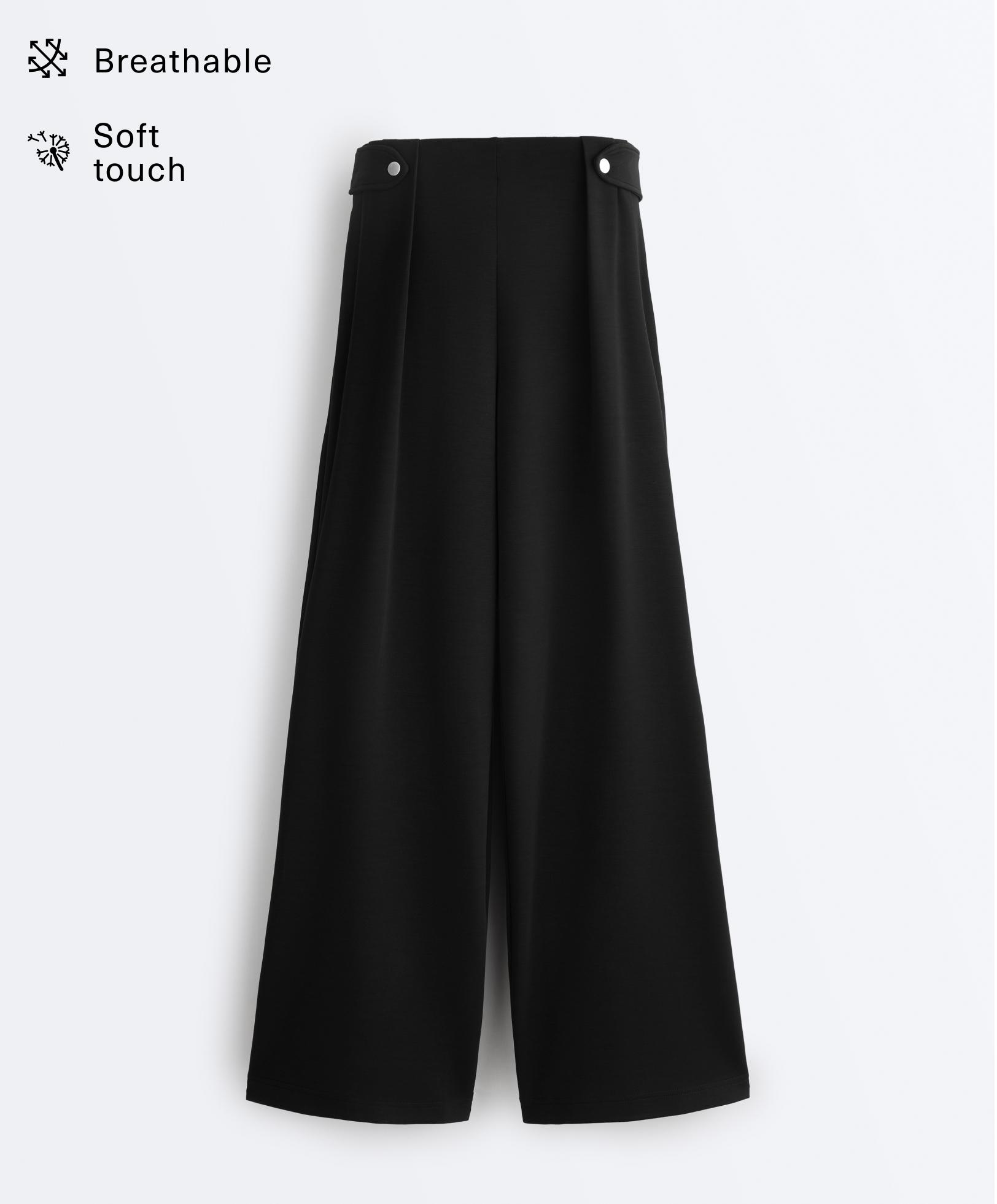 Soft-touch modal wide-leg trousers with pleat waist detail — BLACK