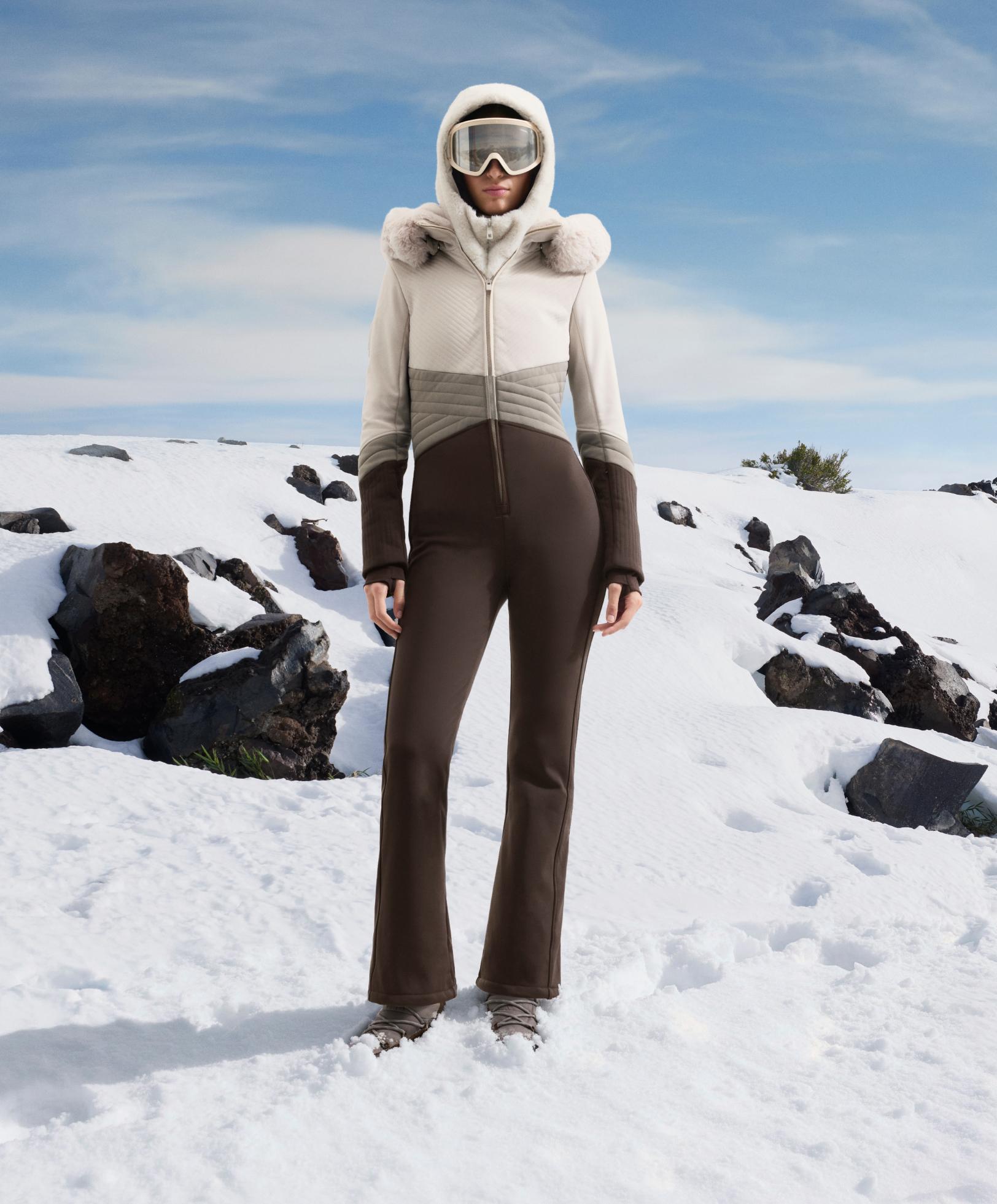 Water-resistant colour-block fitted stretch SKI jumpsuit — PALE MINK