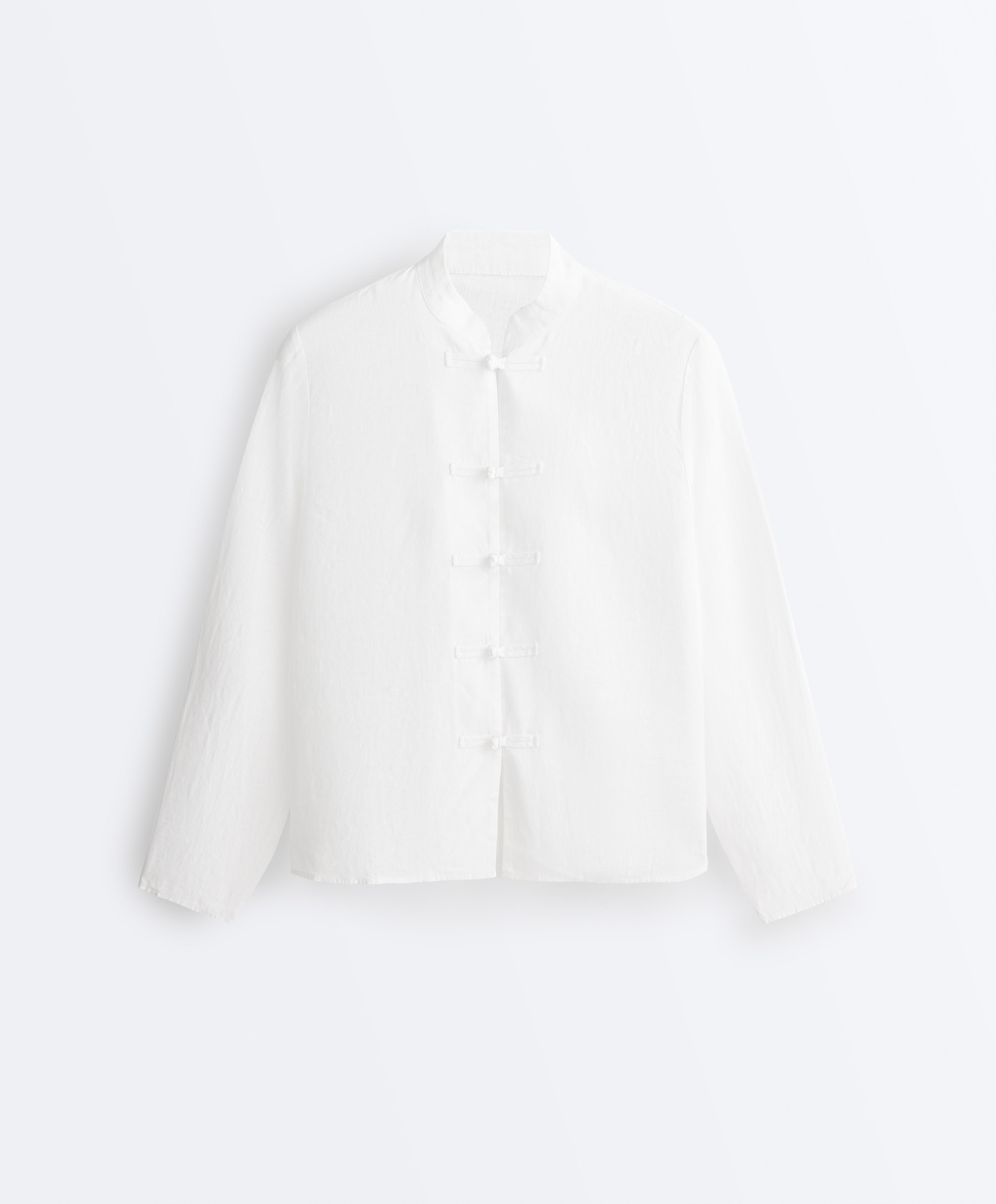 100% linen stand-up collar shirt — WHITE