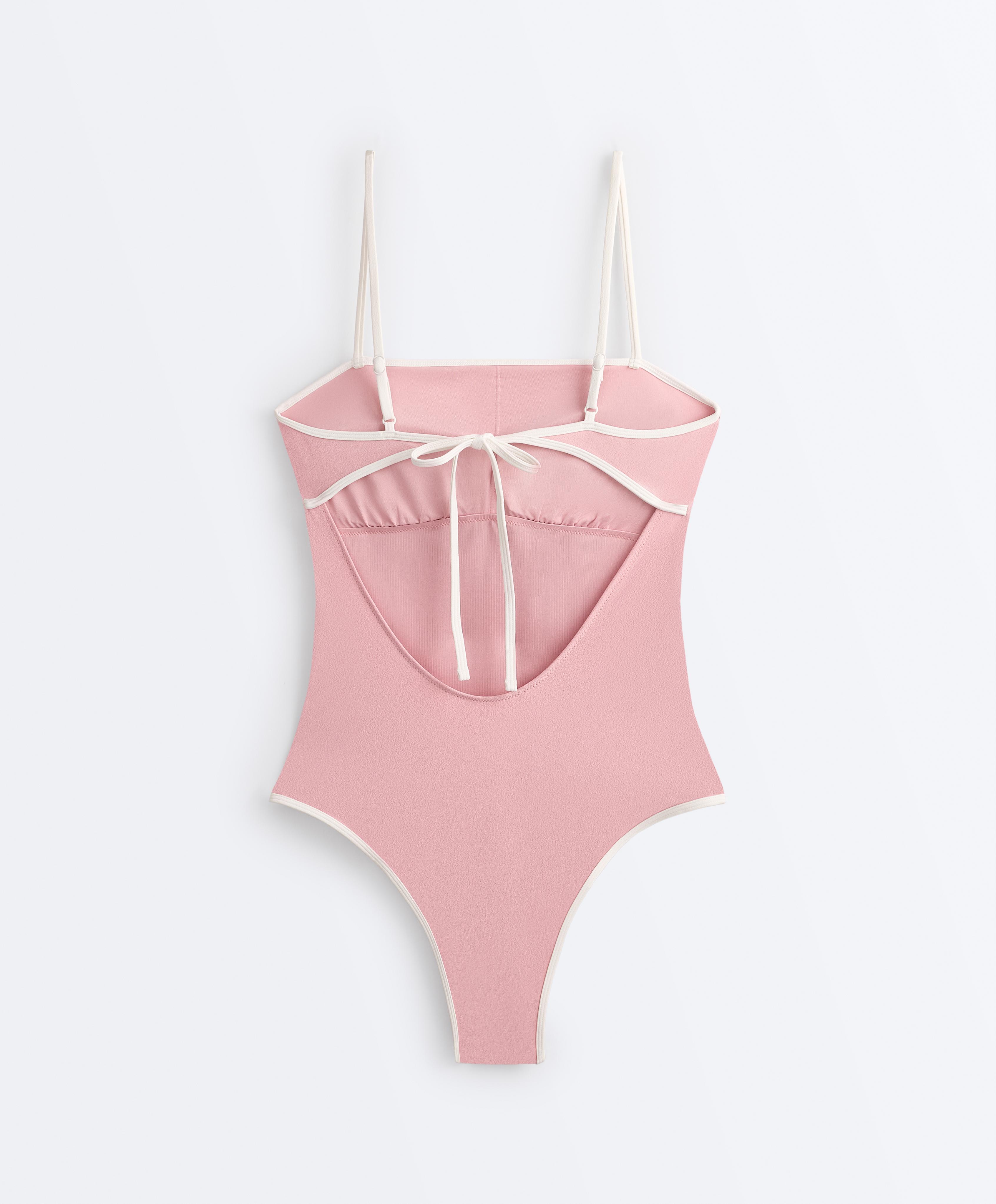 Contrast trim bandeau swimsuit — PINK