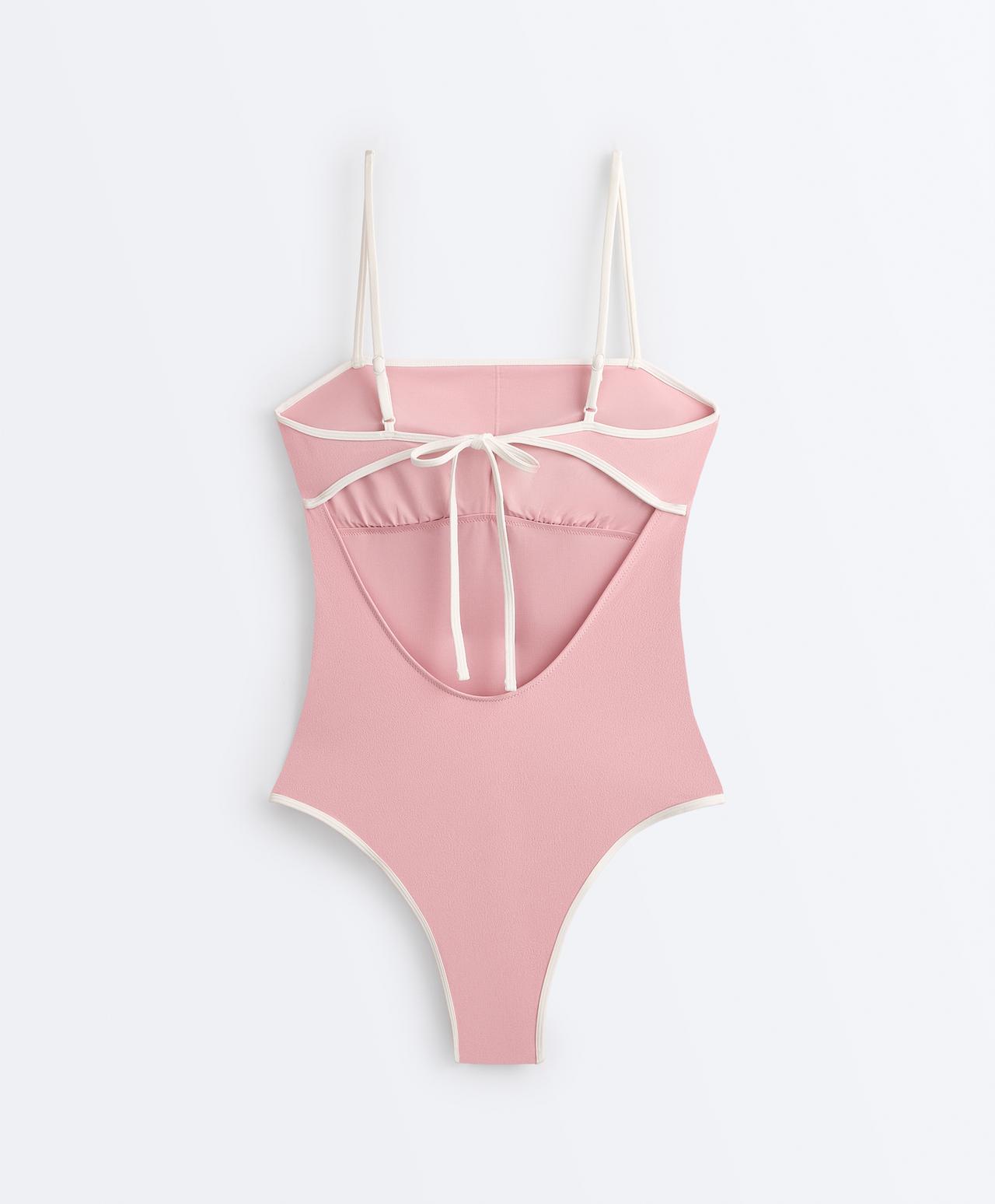 Contrast trim bandeau swimsuit — PINK