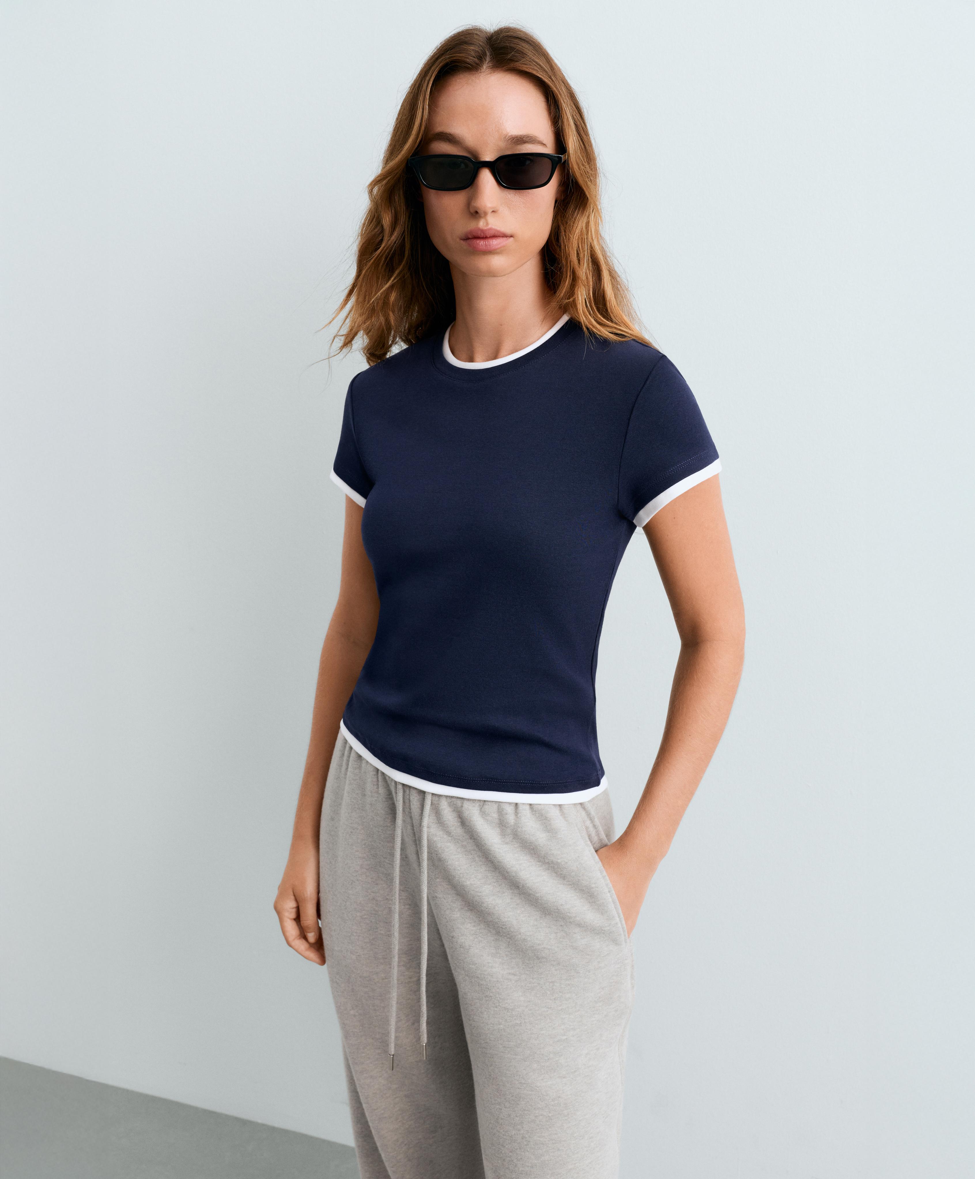 Cotton blend double rib effect short sleeve T-shirt — NAVY BLUE