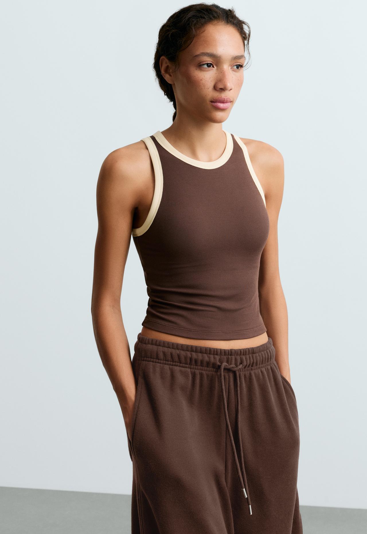 Colour-contrast rib modal blend long tank top — COCOA