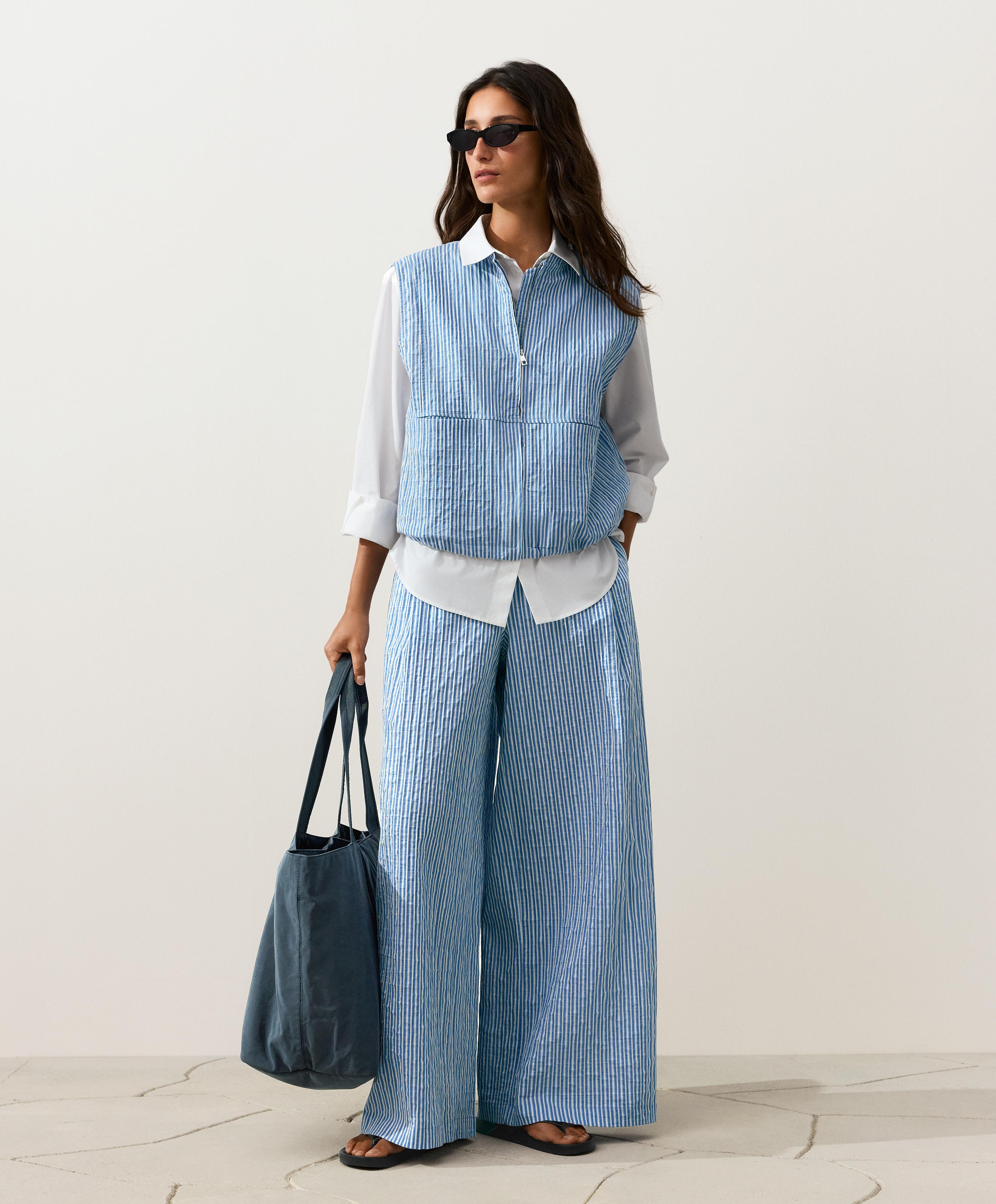 Cotton blend striped straight-leg trousers — MID-BLUE