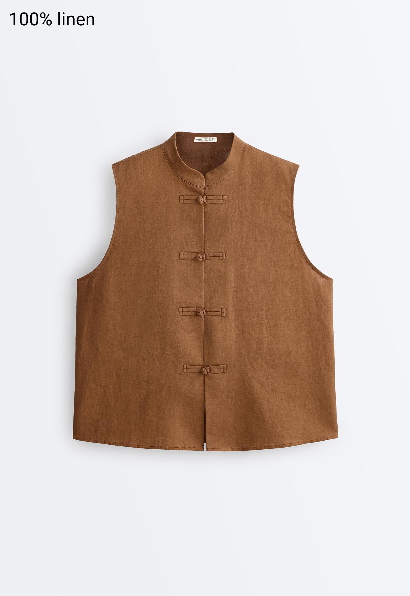 100% linen sleeveless stand-up collar shirt — TOFFEE