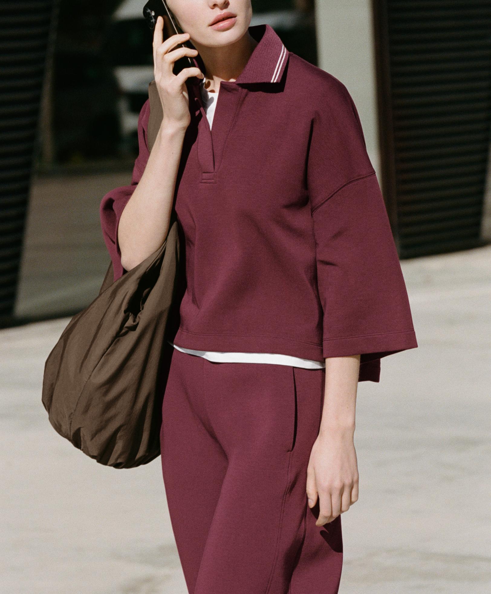 Cotton blend polo sweatshirt with wide sleeves — CHERRY