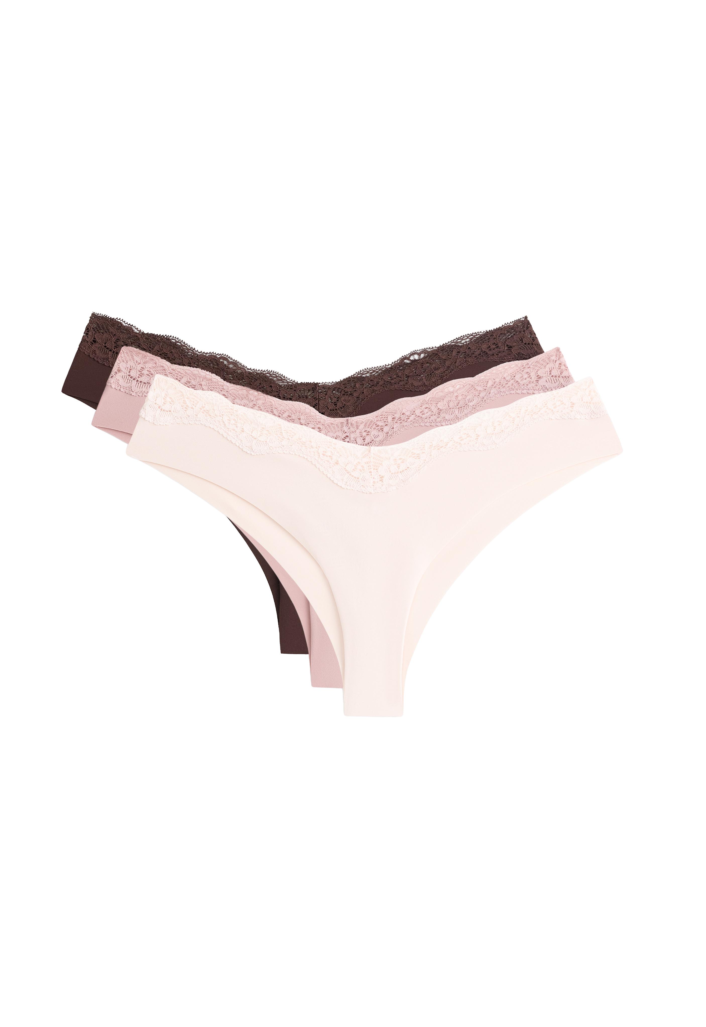 3 laser-cut polyamide blend lace Brazilian briefs — CHOCOLATE