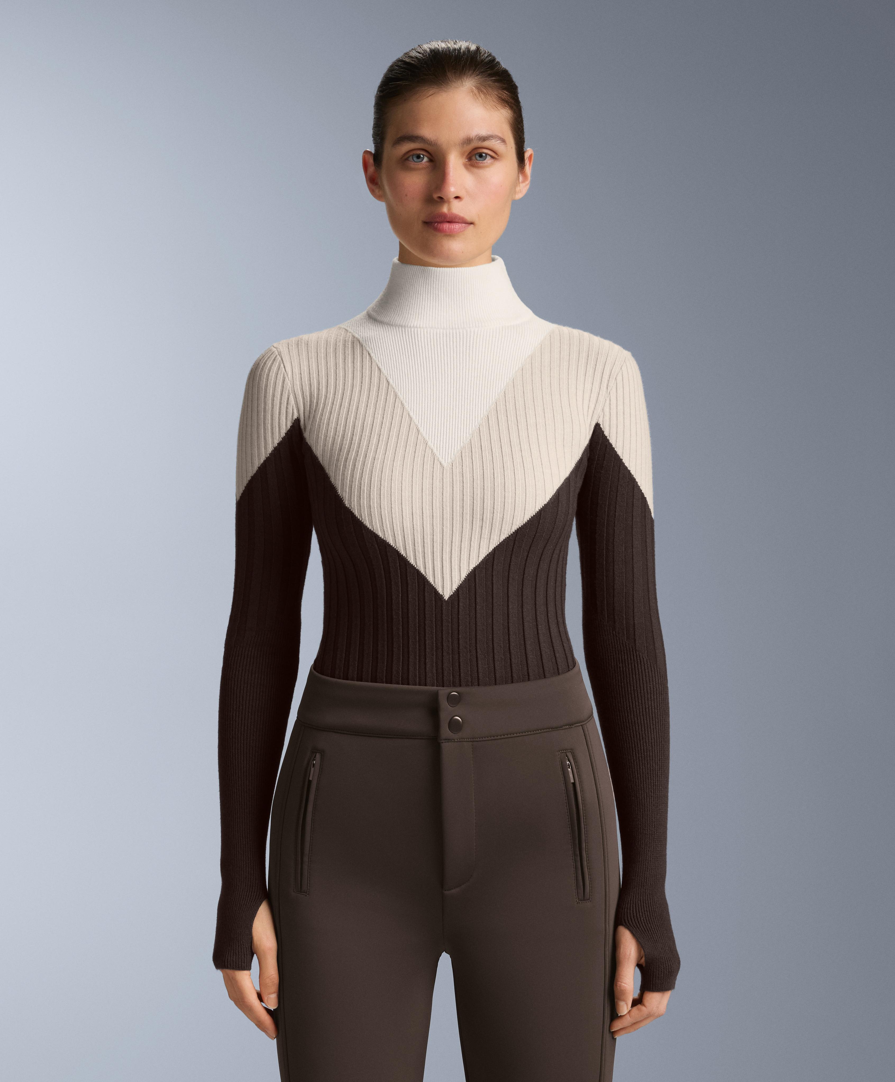 Thermal base layer rib knit T-shirt with contrasting high neck — DARK BROWN
