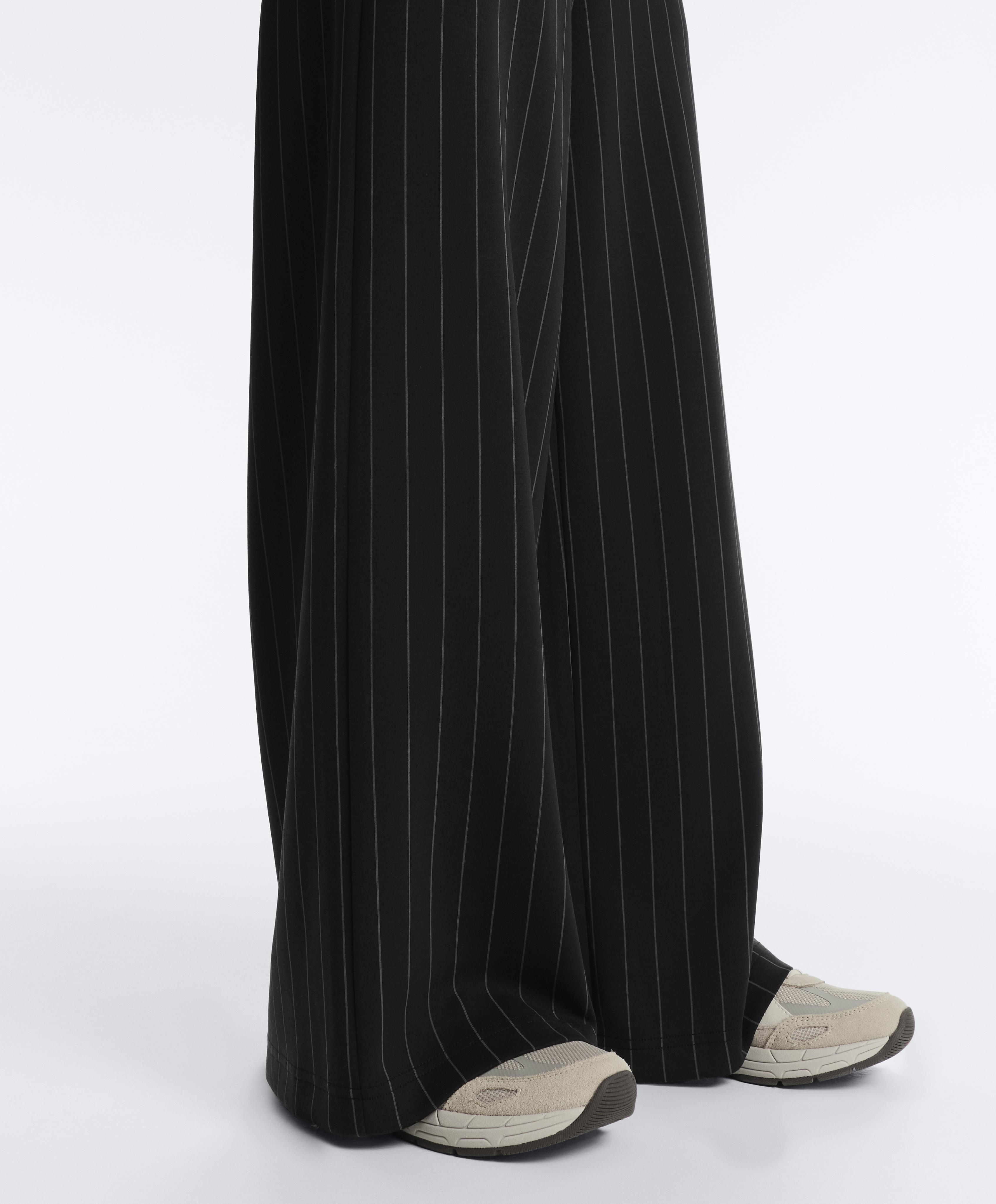 Soft touch pinstripe wide leg high rise trousers — BLACK