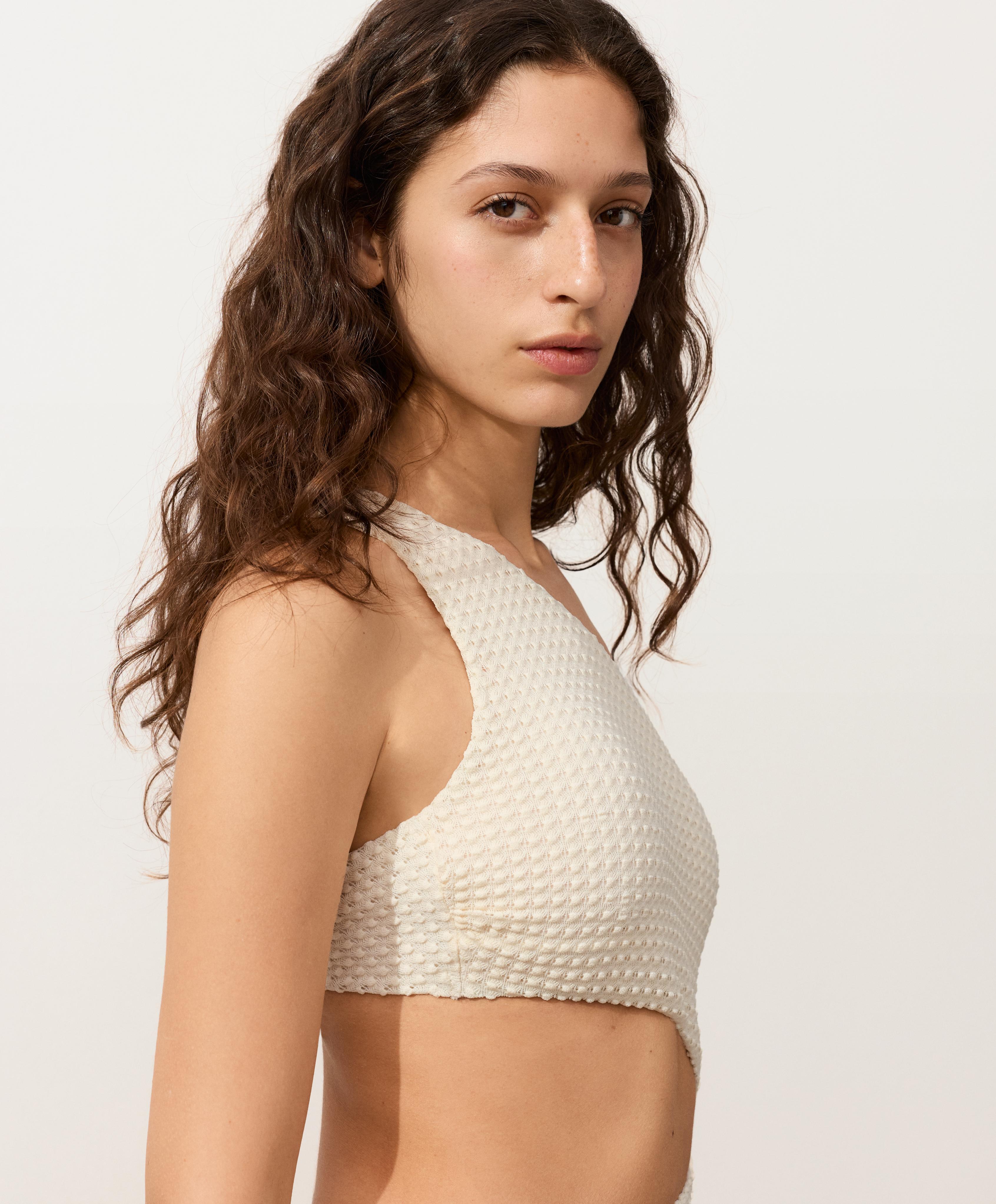 Bubble crochet asymmetric trikini — ECRU