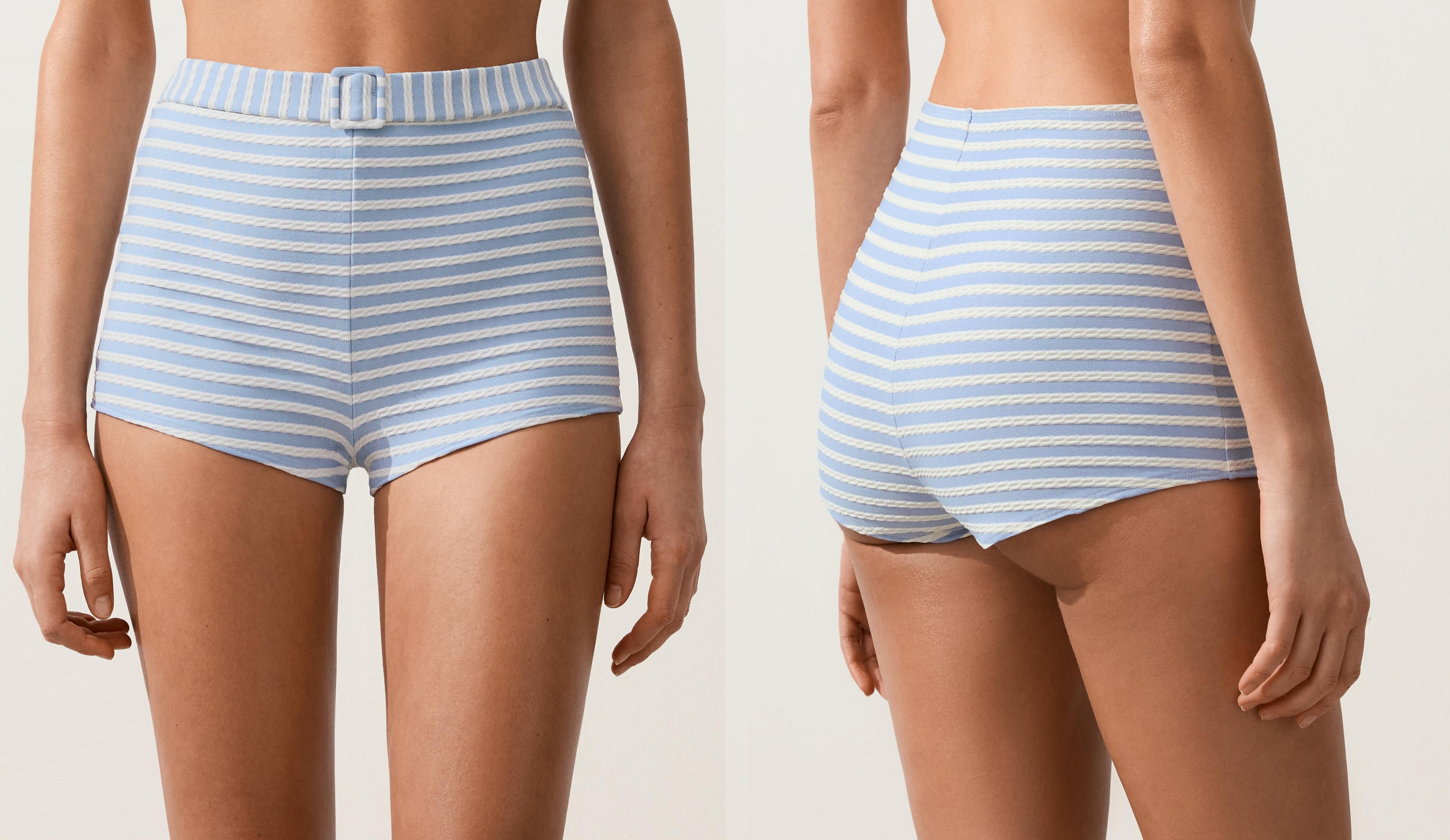 Striped textured high-waisted bikini shorts with belt detail — WASHED SKY BLUE