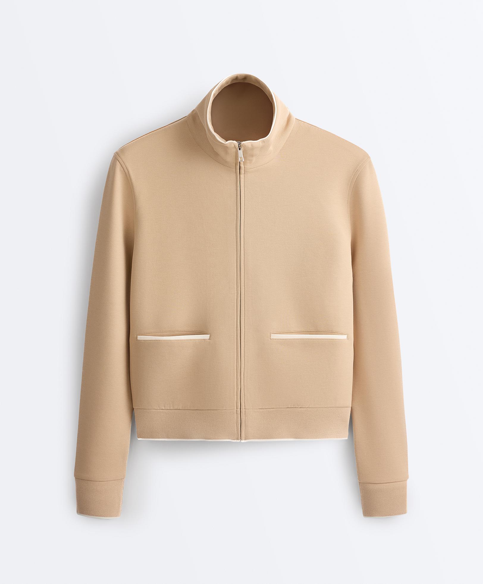 Cotton piqué jacket with piping — BEIGE