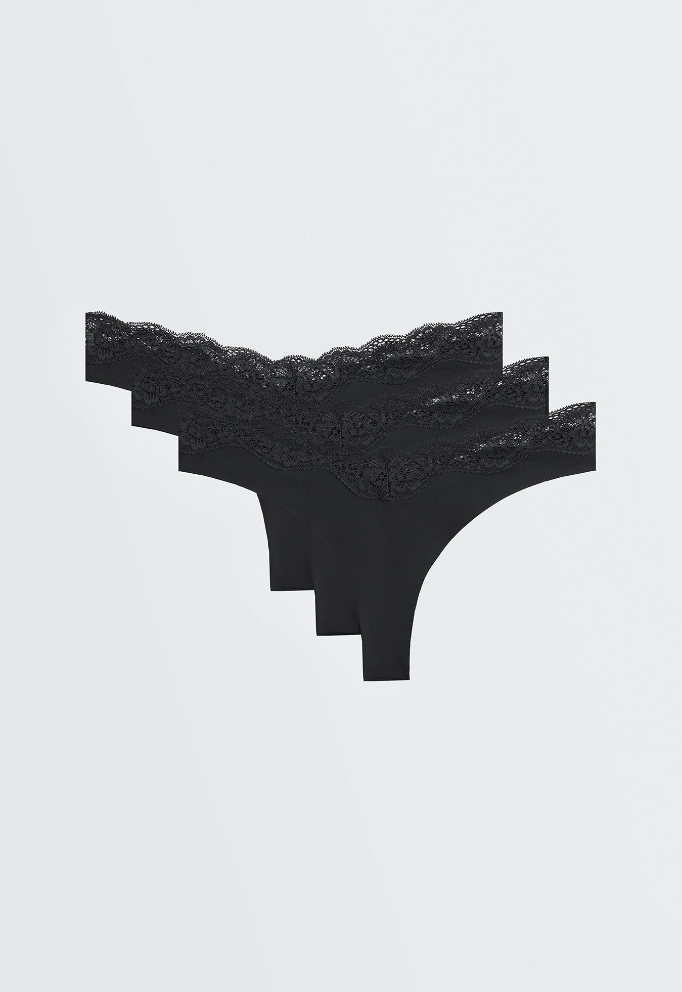 3 laser-cut V-cut lace polyamide blend thongs — BLACK