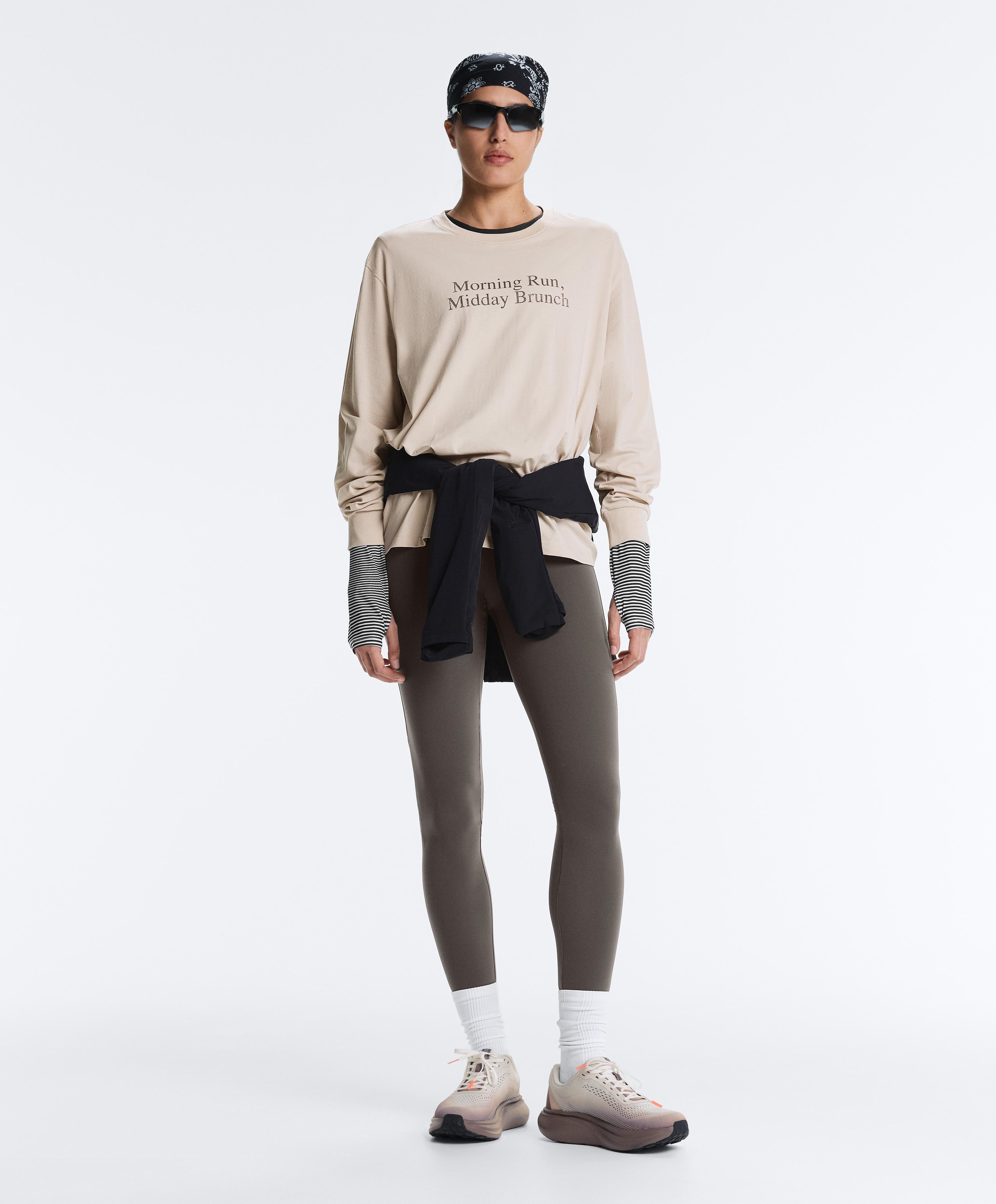 Oversize cotton blend long-sleeved T-shirt with slogan — SAND