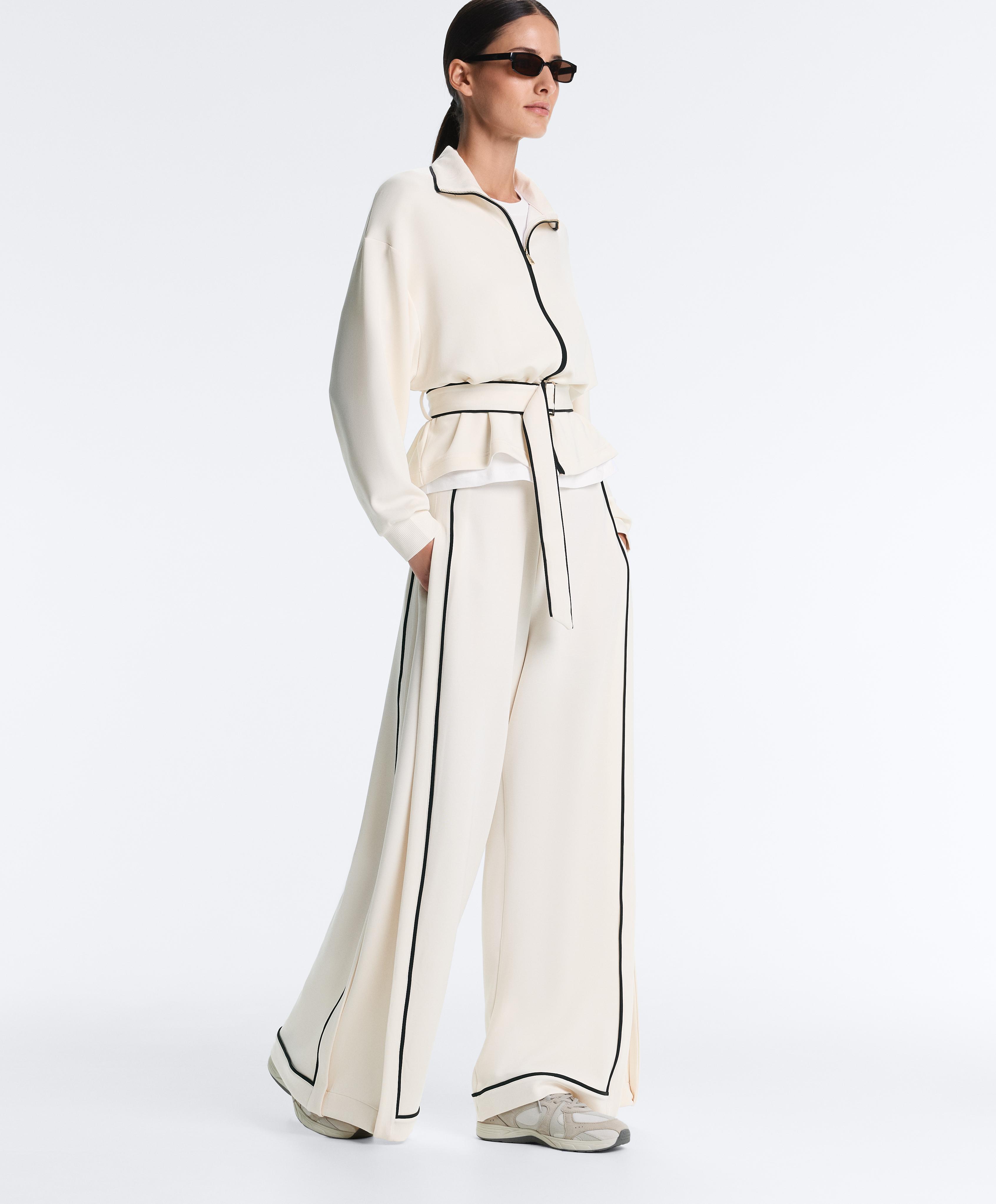 Soft-touch modal wide-leg trousers with contrast piping — PALE ECRU