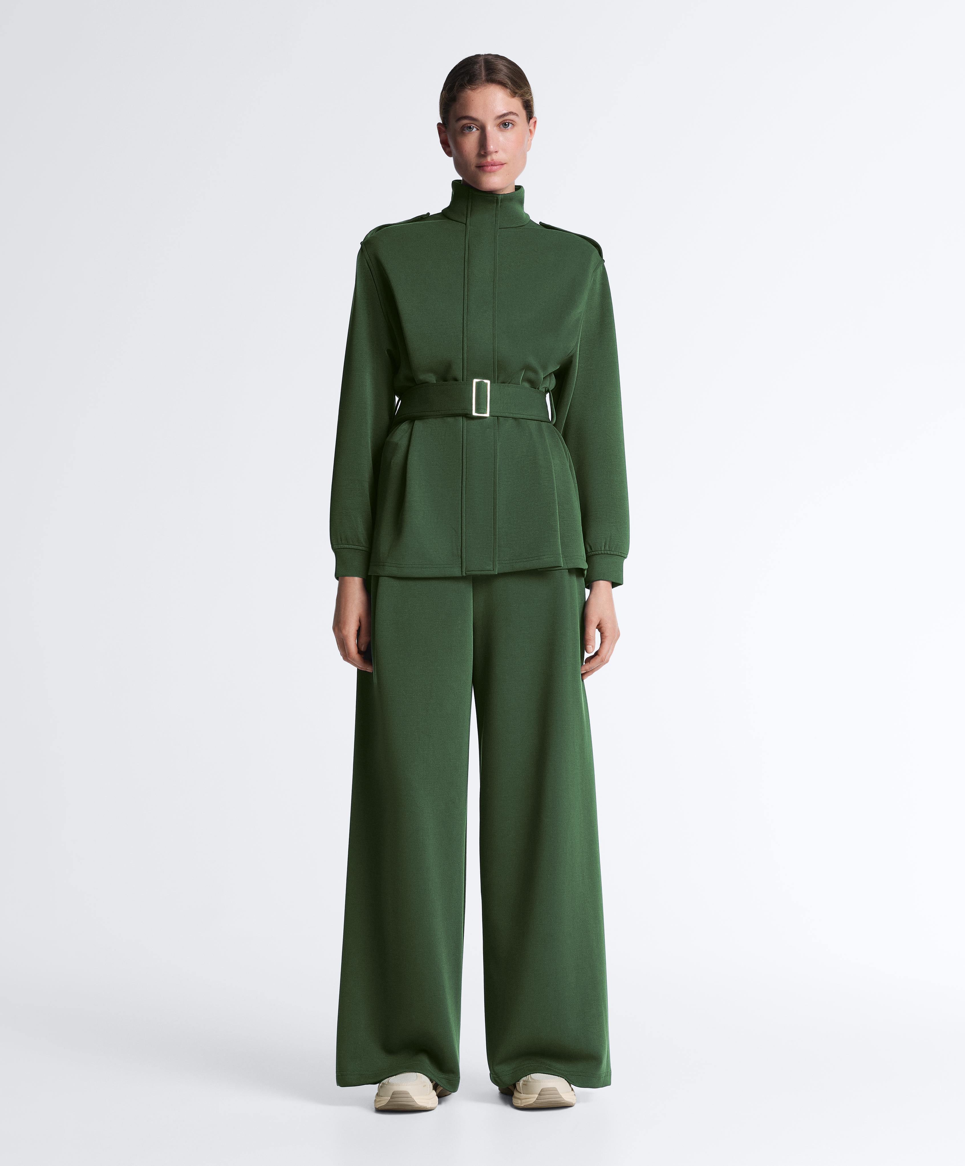 Long utility jacket with cotton and modal twill belt