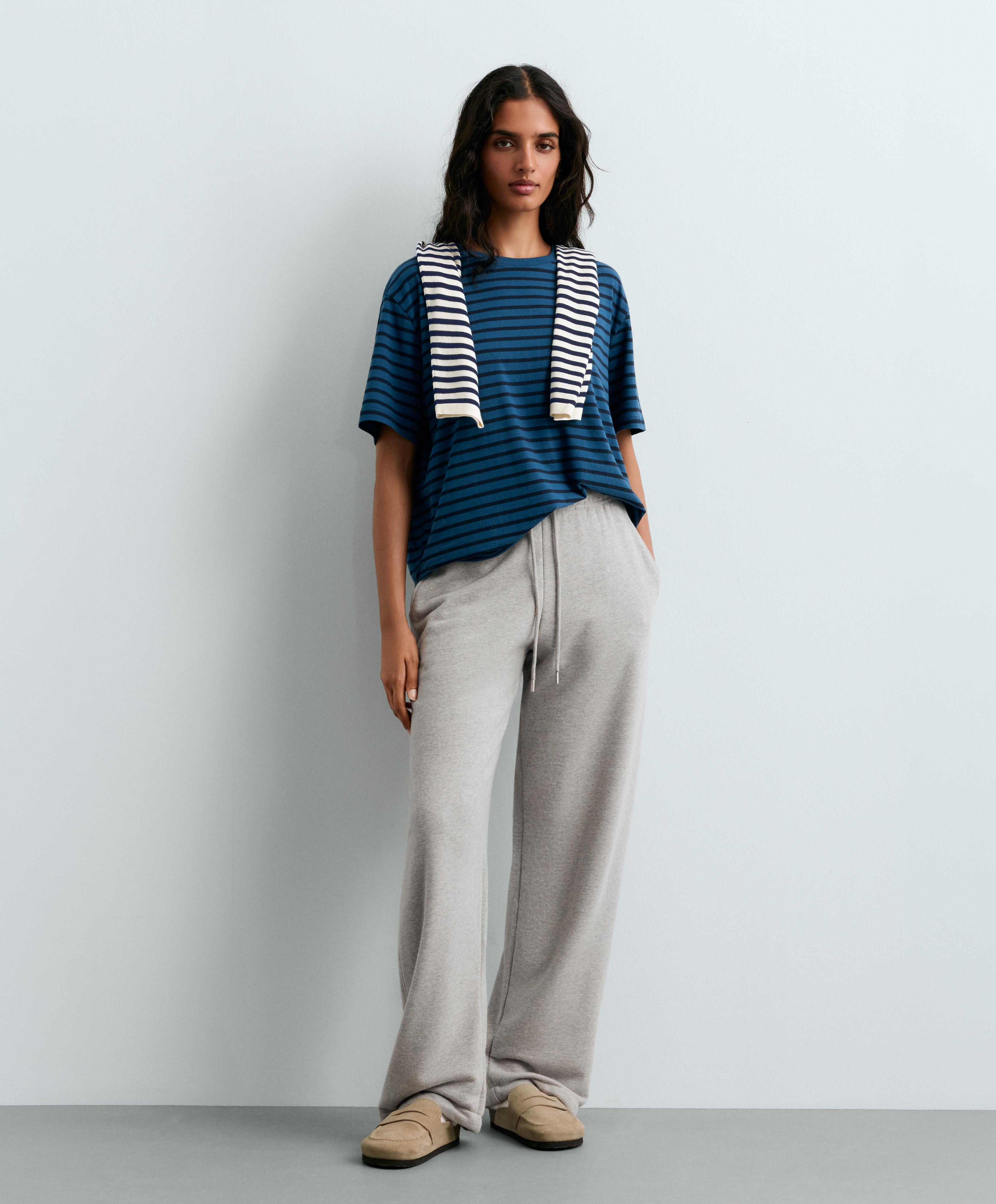 Striped boxy cotton blend short-sleeved T-shirt — NAVY BLUE