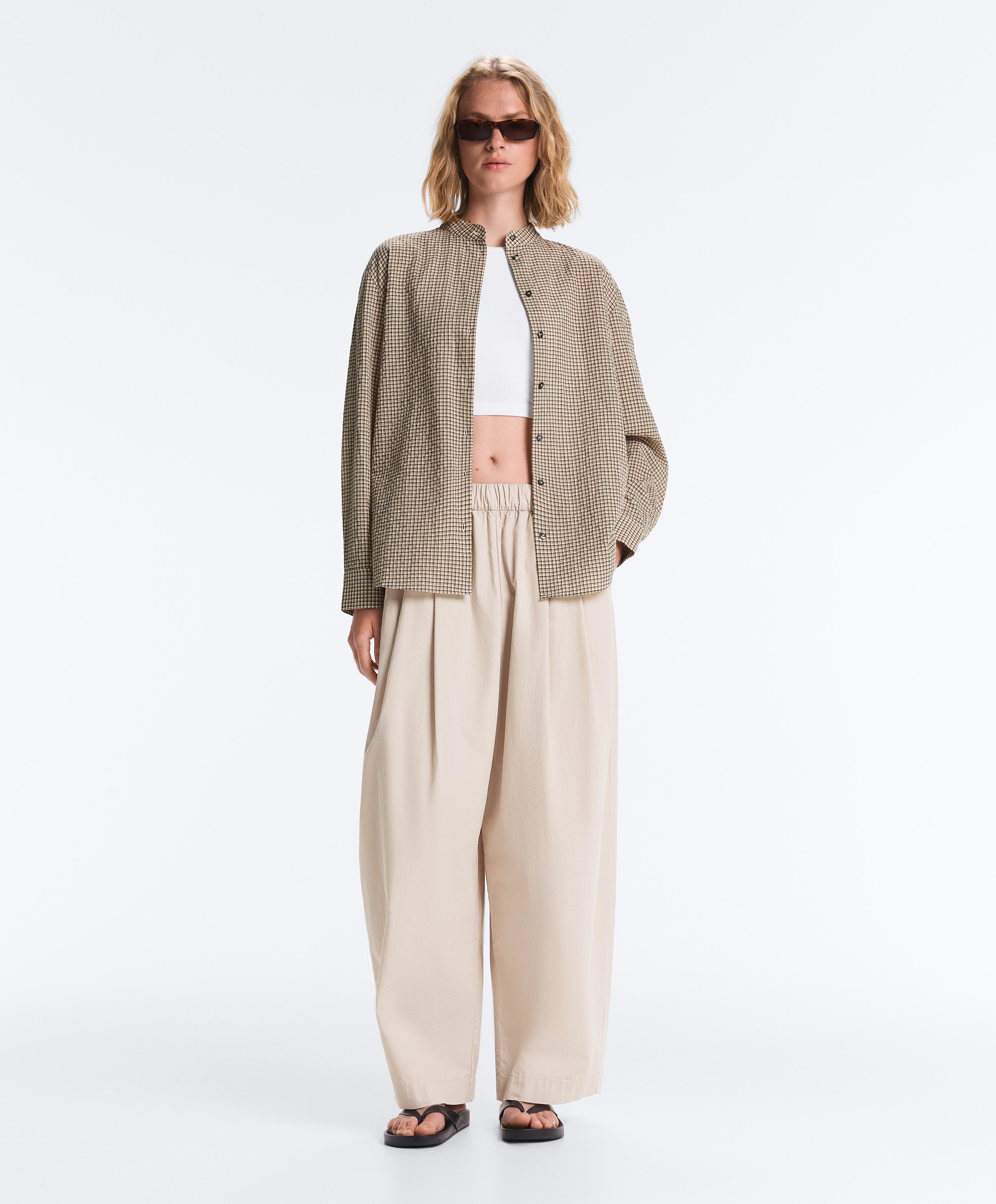 Check cotton blend stand-up collar shirt — BEIGE