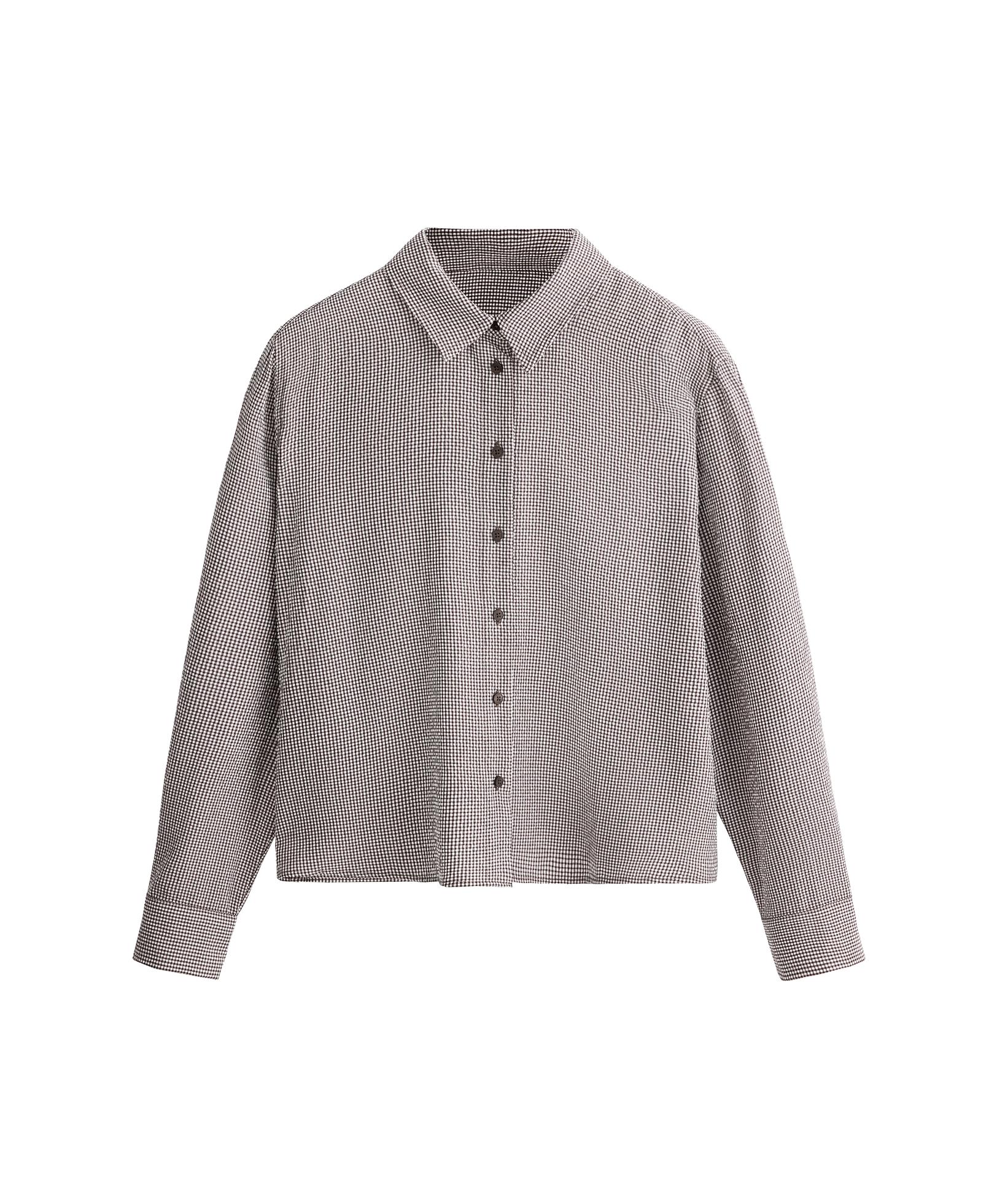 Short gingham lyocell blend shirt — DARK REDDISH‑BROWN