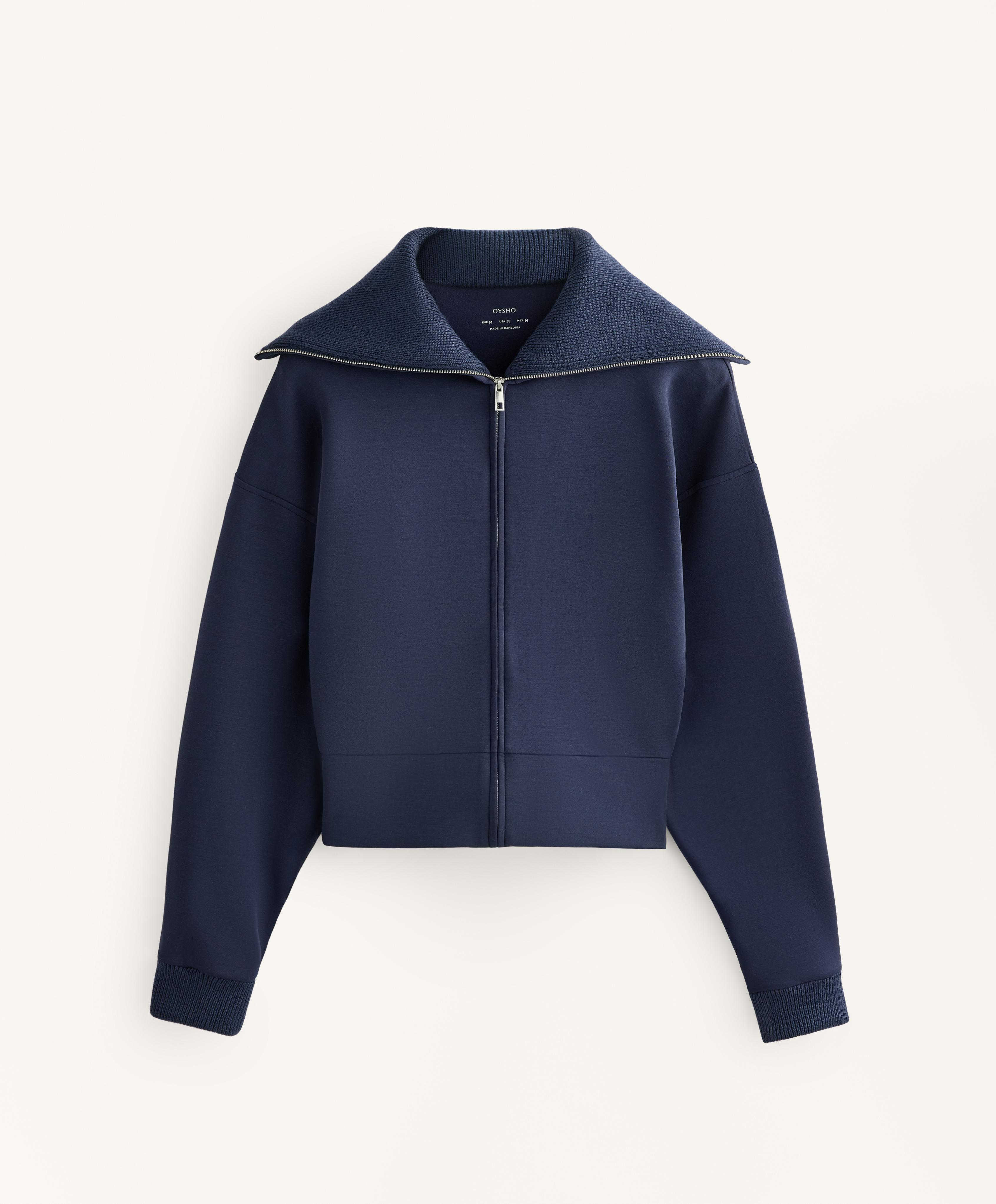 Fitted waist knit collar jacket with brushed modal — NAVY BLUE