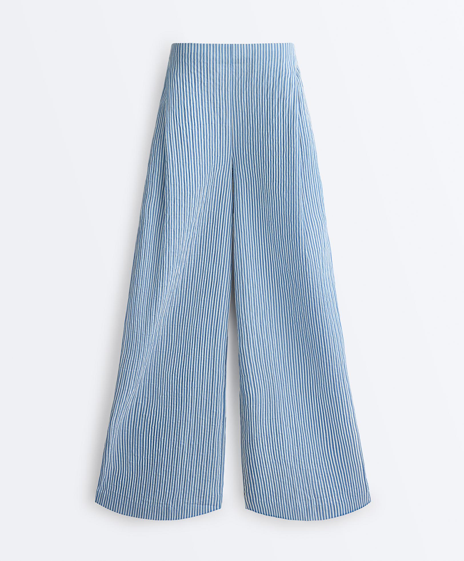 Cotton blend striped straight-leg trousers — MID-BLUE
