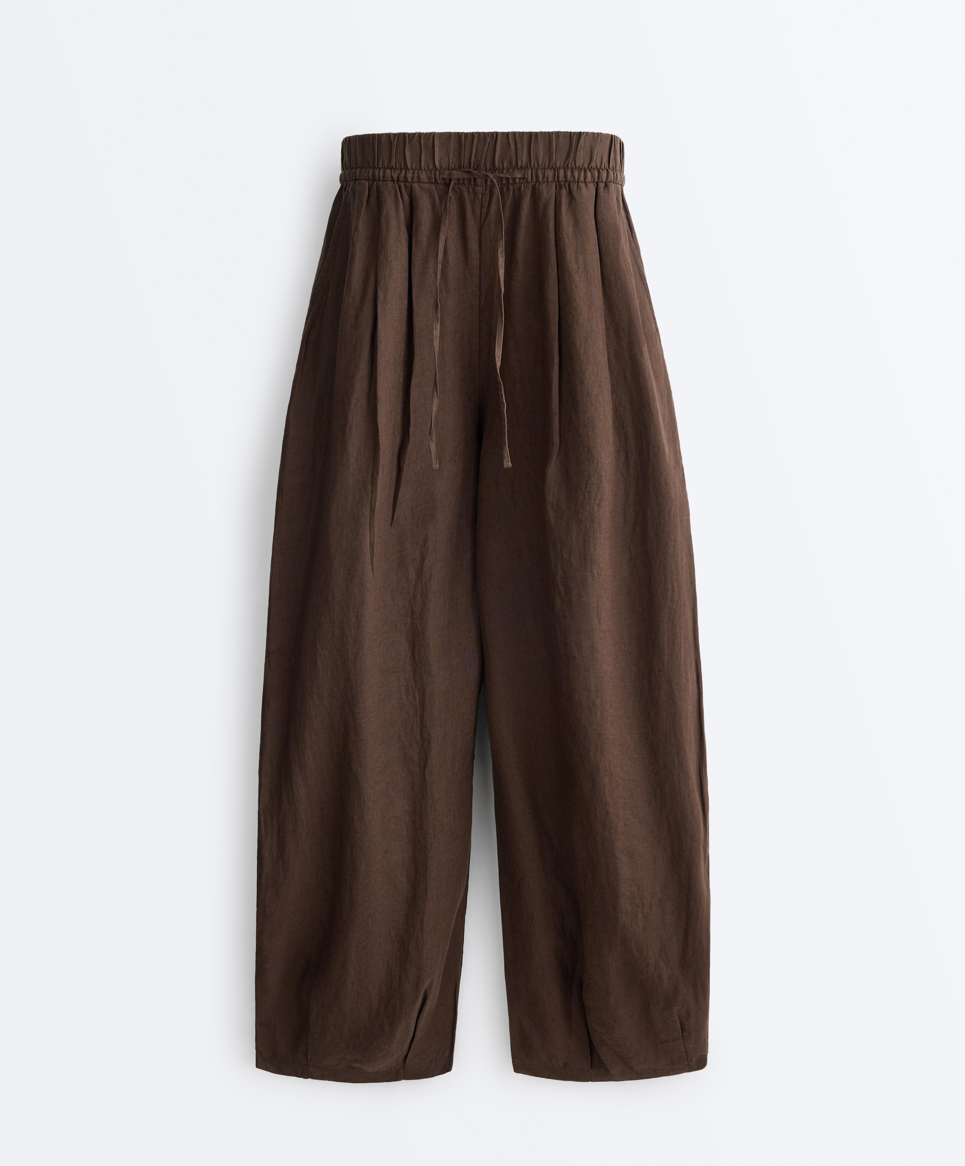 100% linen balloon trousers — DARK BROWN