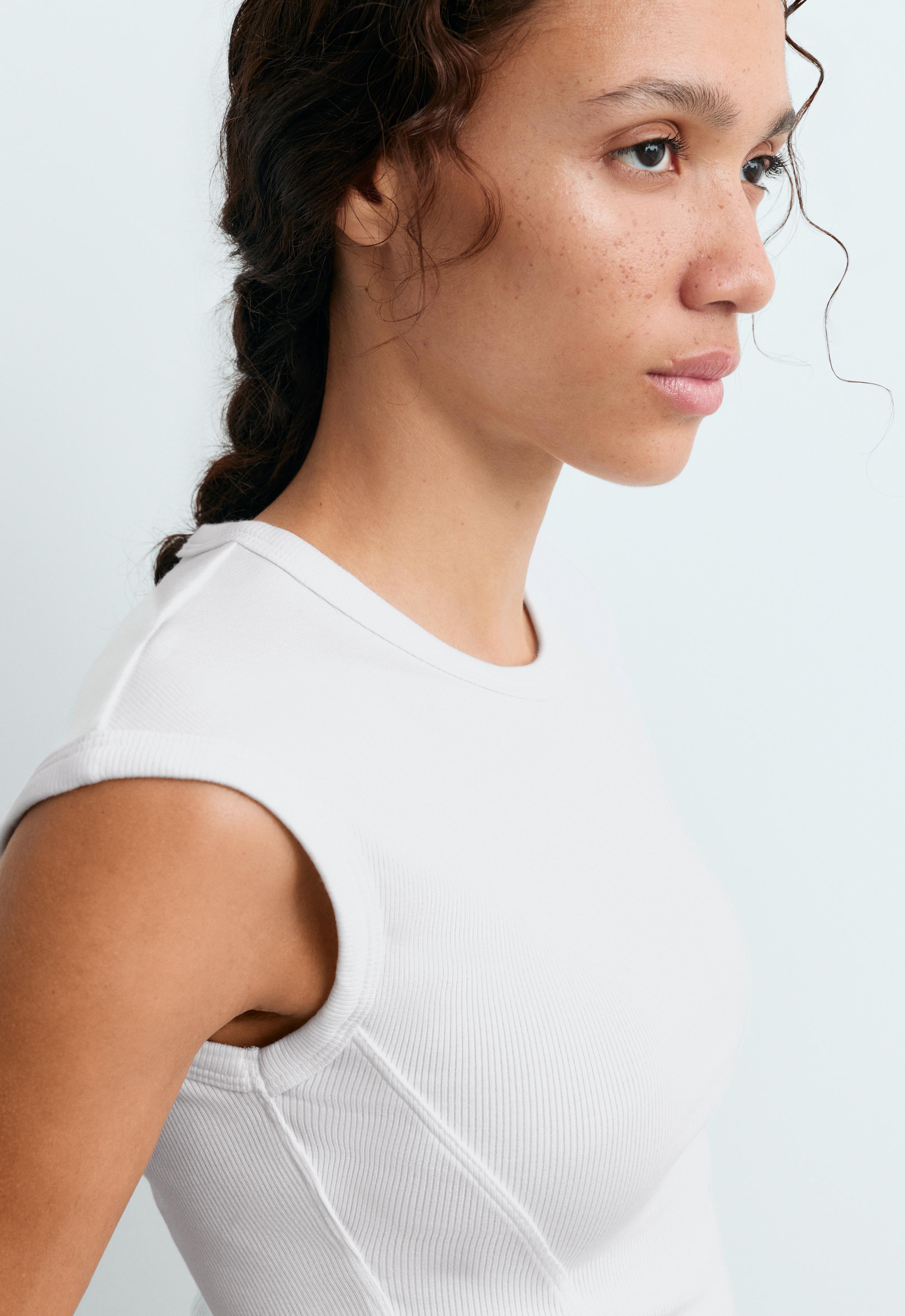 Short-sleeved rib top with cotton and modal — WHITE 