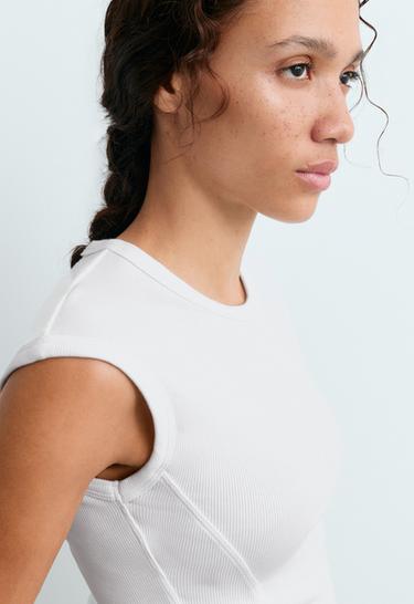 Short-sleeved rib top with cotton and modal — WHITE  3