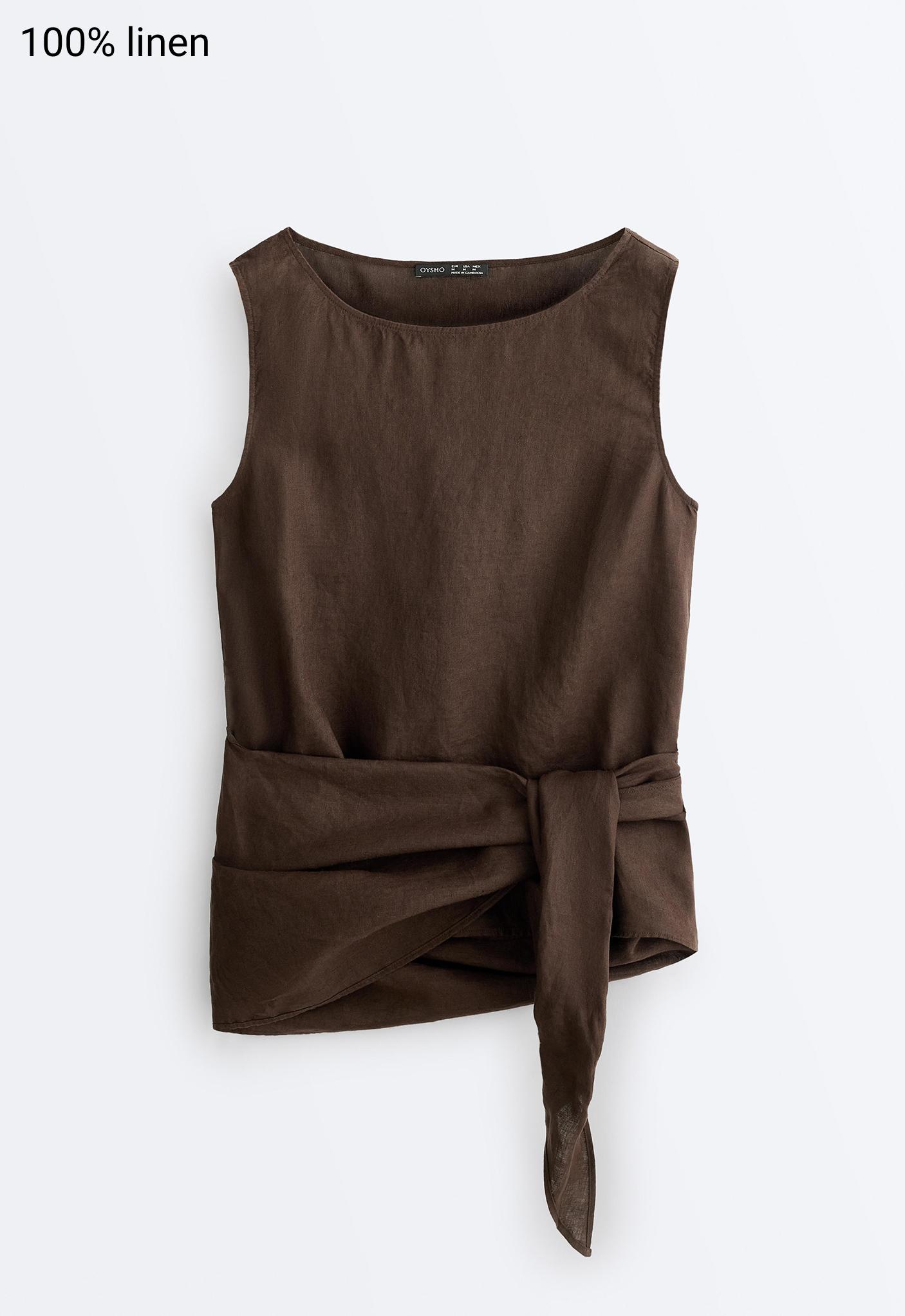 Sleeveless top with 100% linen scarf — DARK BROWN